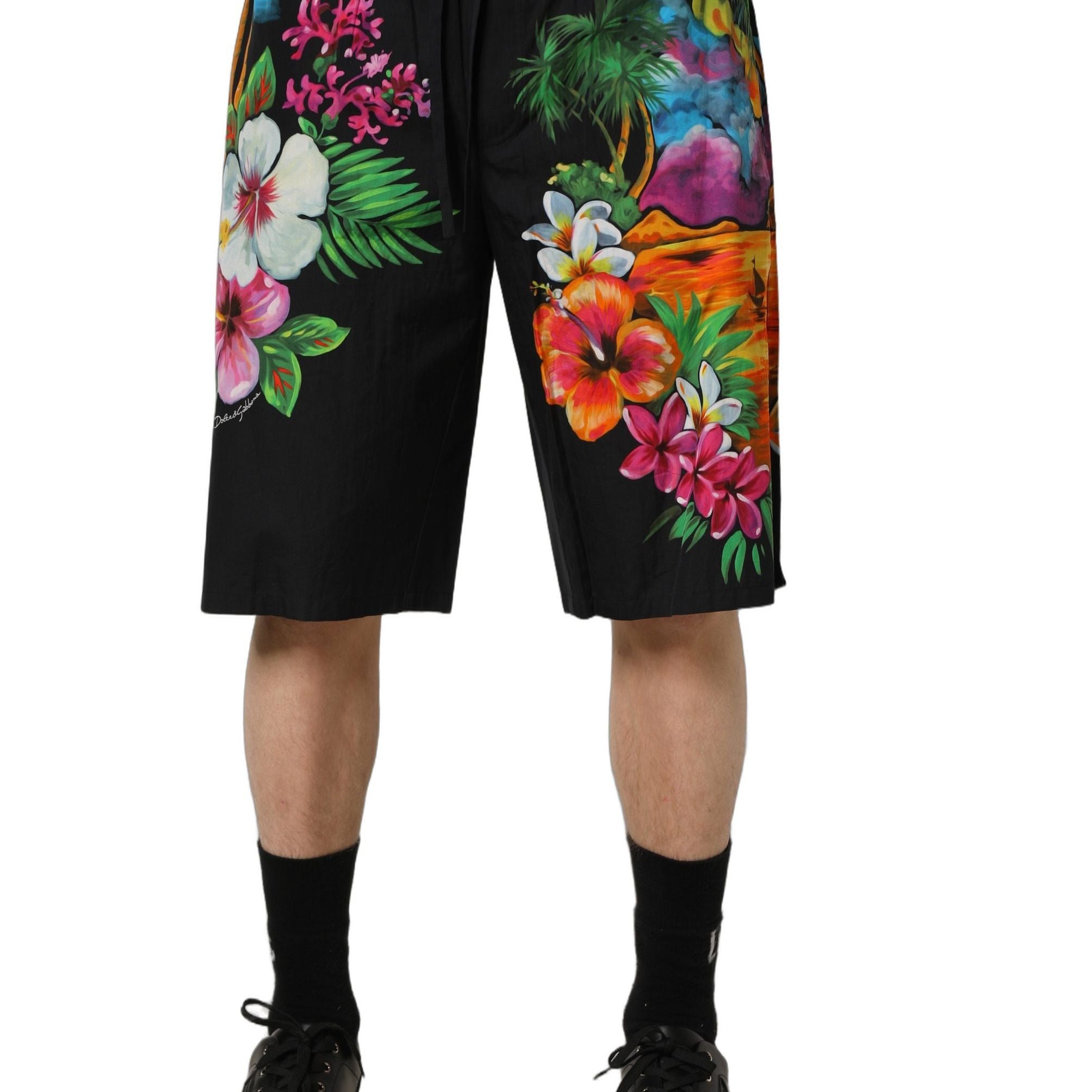 Dolce & Gabbana Black Cotton Tropical Floral Bermuda Shorts