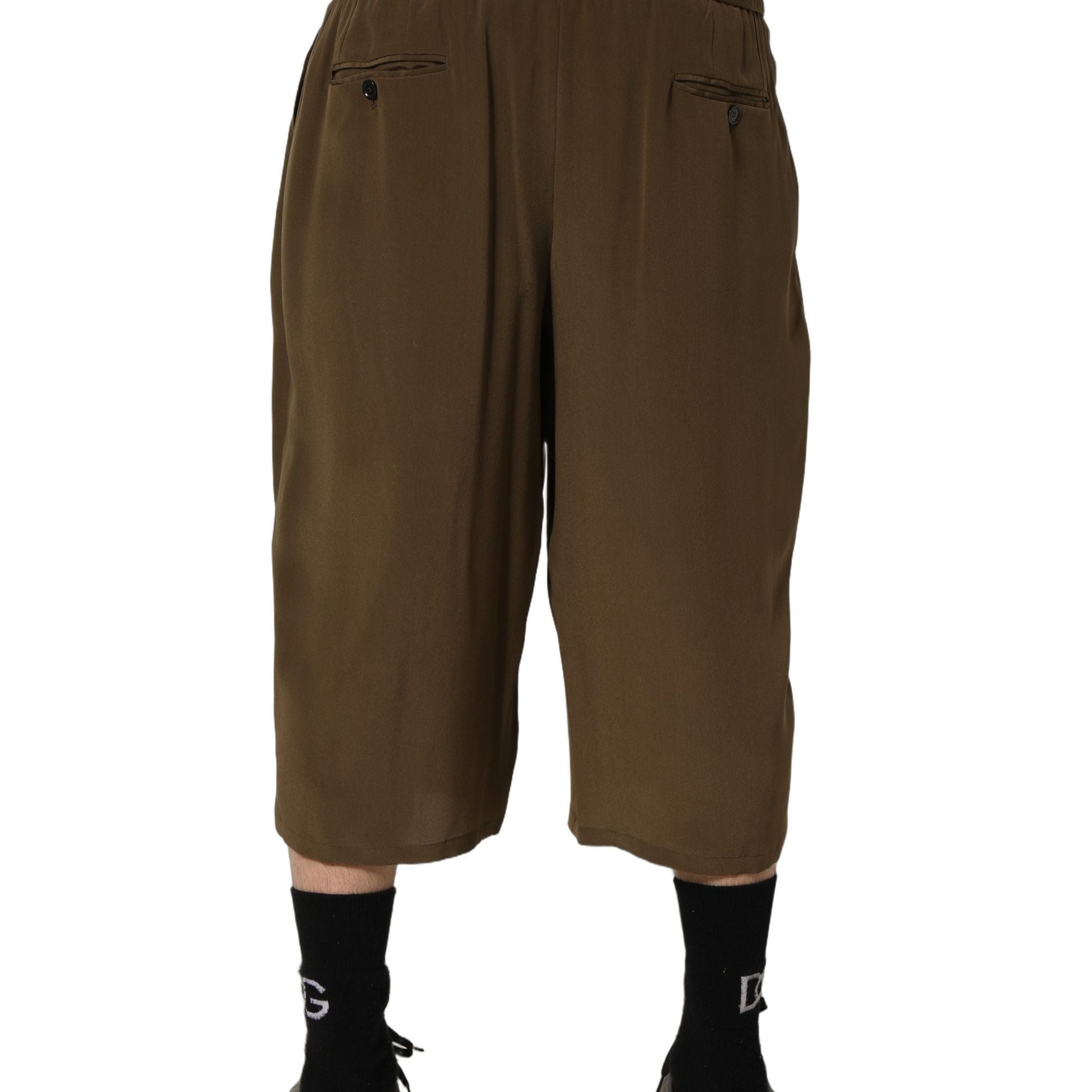 Dolce & Gabbana Brown Silk Mid Waist Pleated Bermuda Shorts