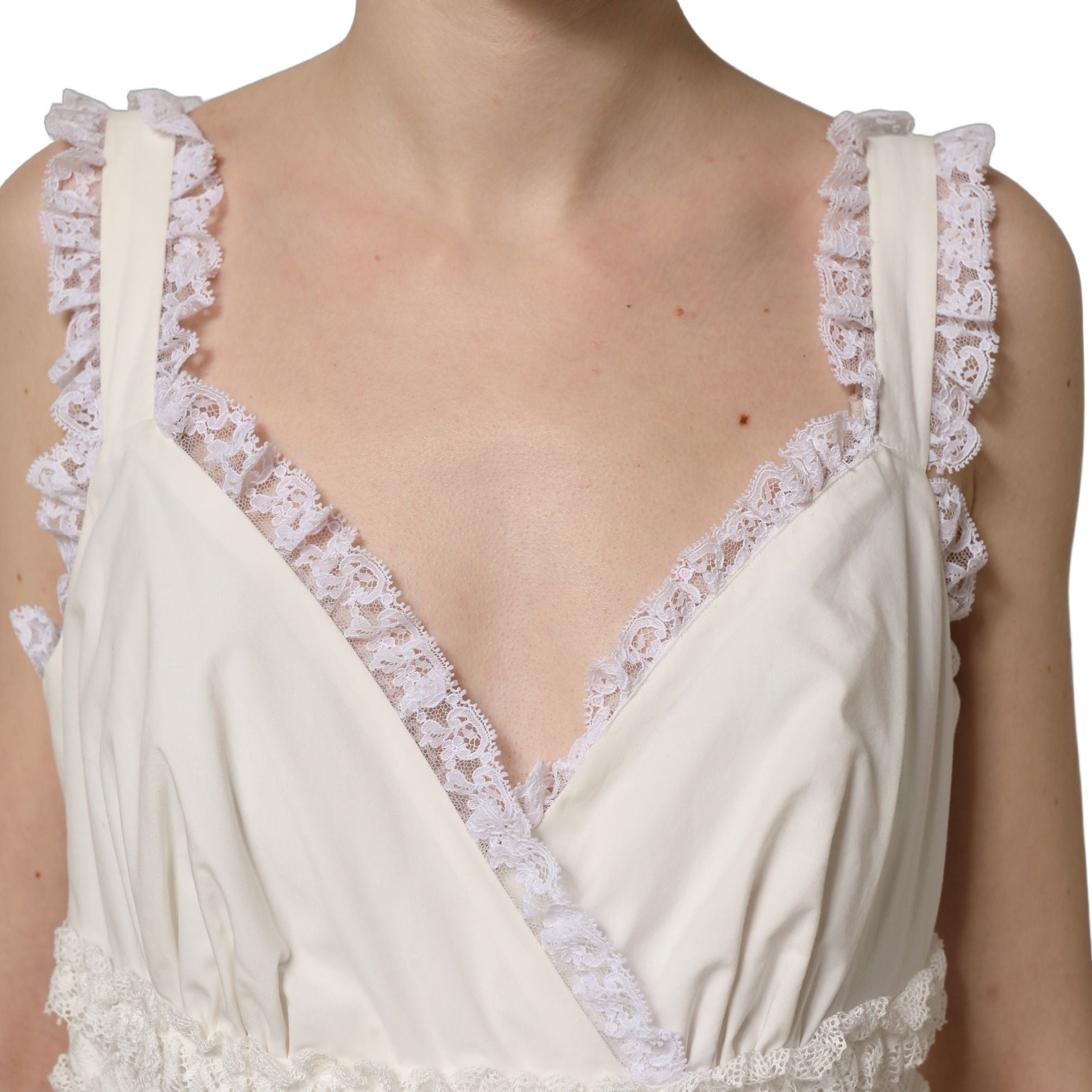 Dolce & Gabbana White Cotton Poplin Ruffled Midi Dress