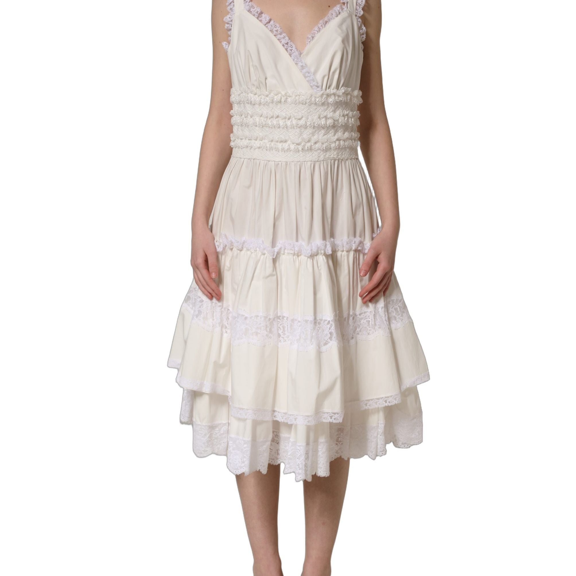 Dolce & Gabbana White Cotton Poplin Ruffled Midi Dress