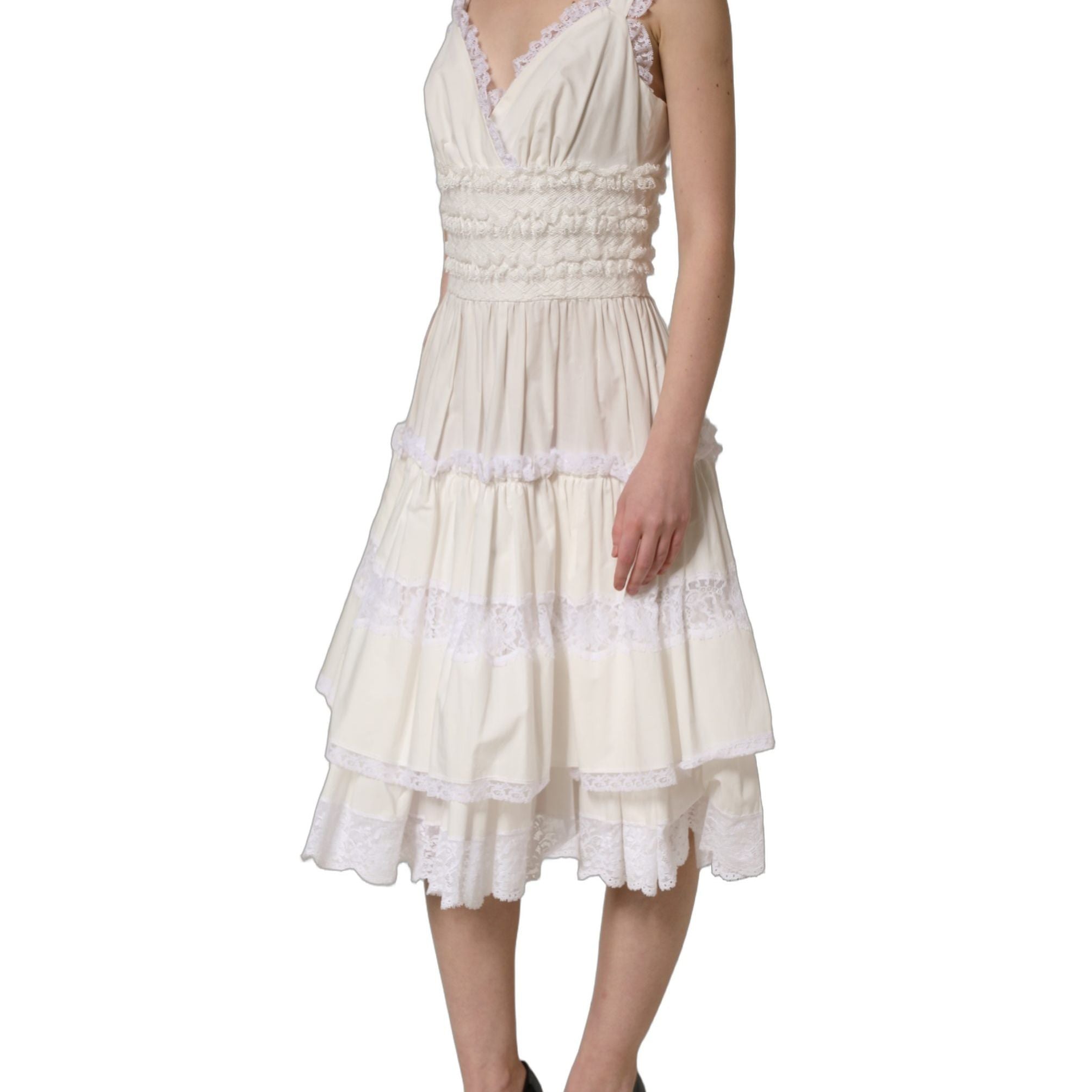 Dolce & Gabbana White Cotton Poplin Ruffled Midi Dress