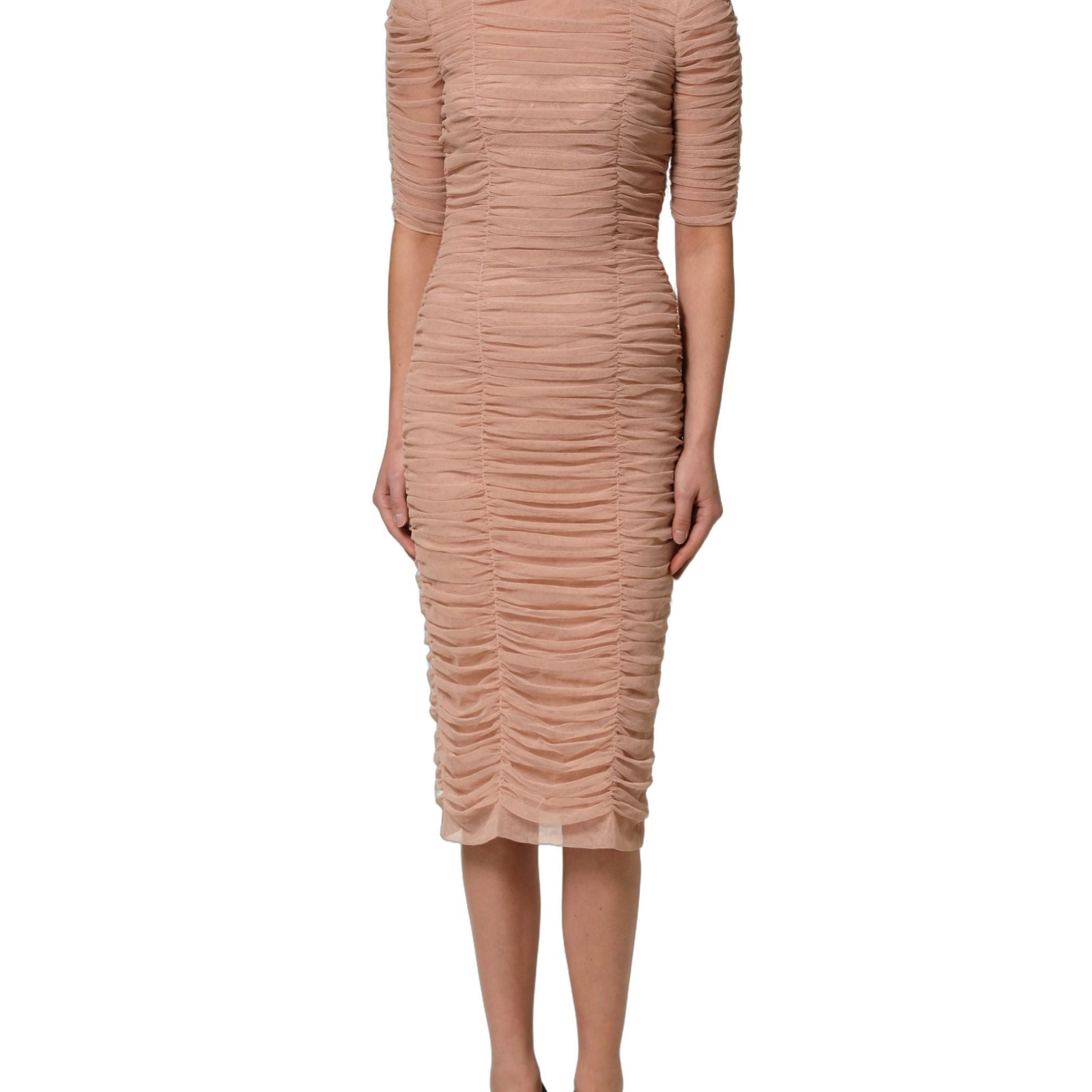 Dolce & Gabbana Beige Cotton Mesh Ruched Sheath Midi Dress