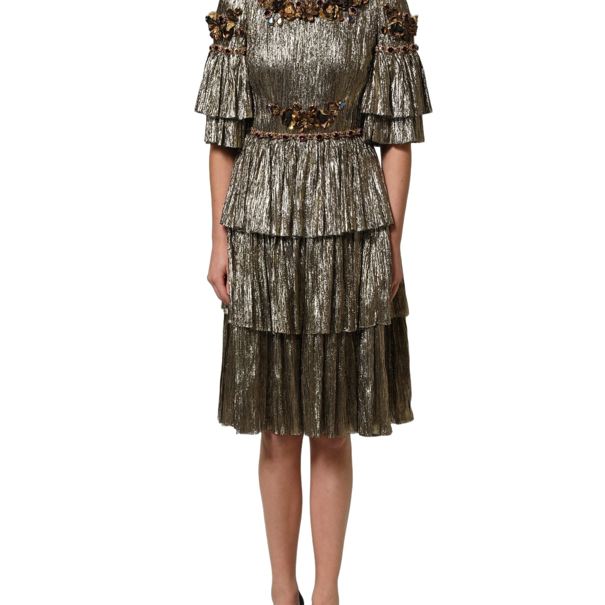Dolce & Gabbana Metallic Gold Embellished Tiered Midi Dress