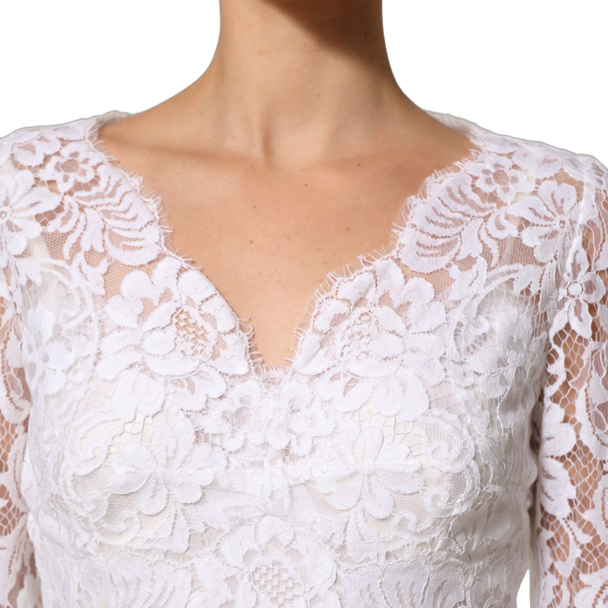 Dolce & Gabbana White Cotton Floral Lace Long Gown Dress