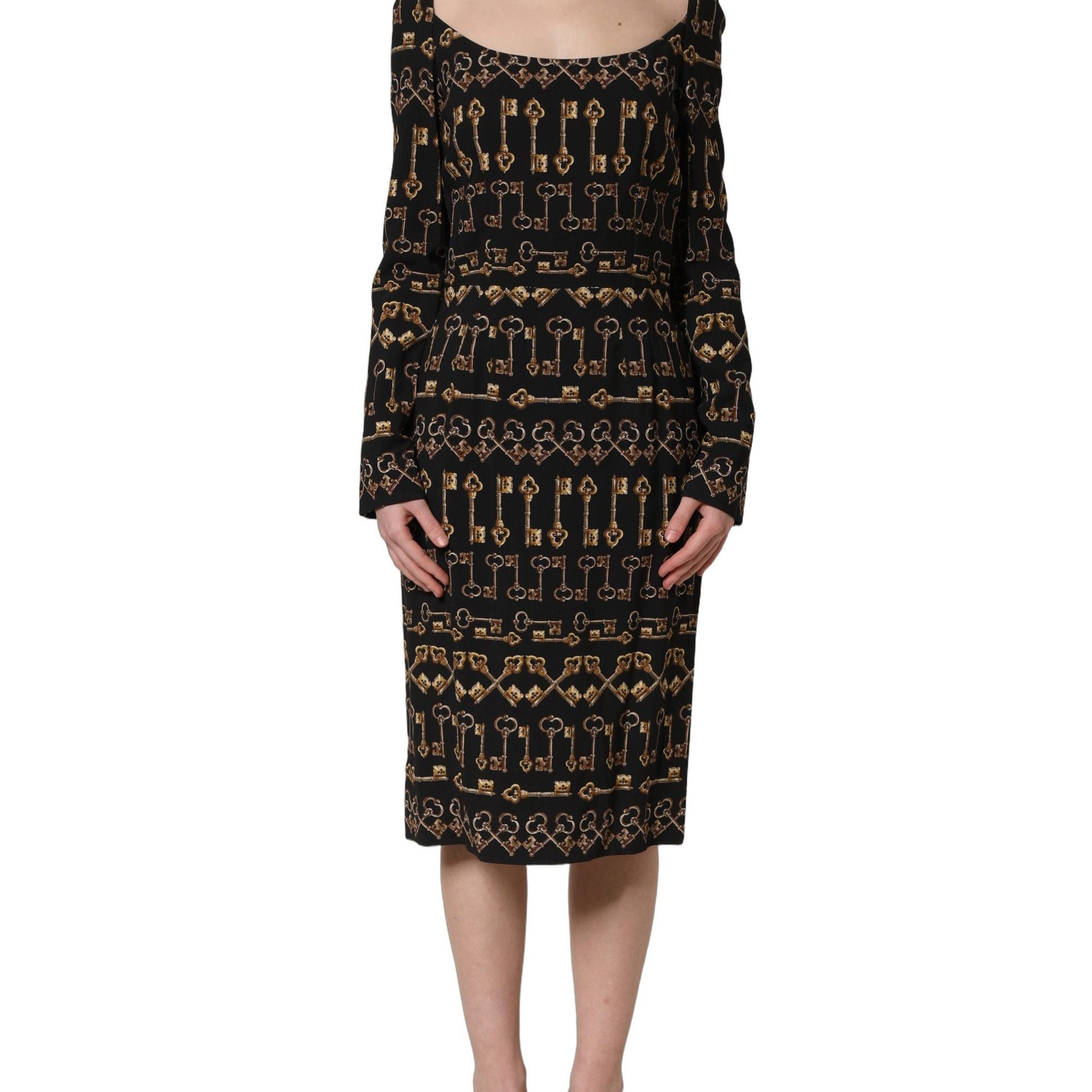 Dolce & Gabbana Black Key Print Long Sleeves Sheath Midi Dress