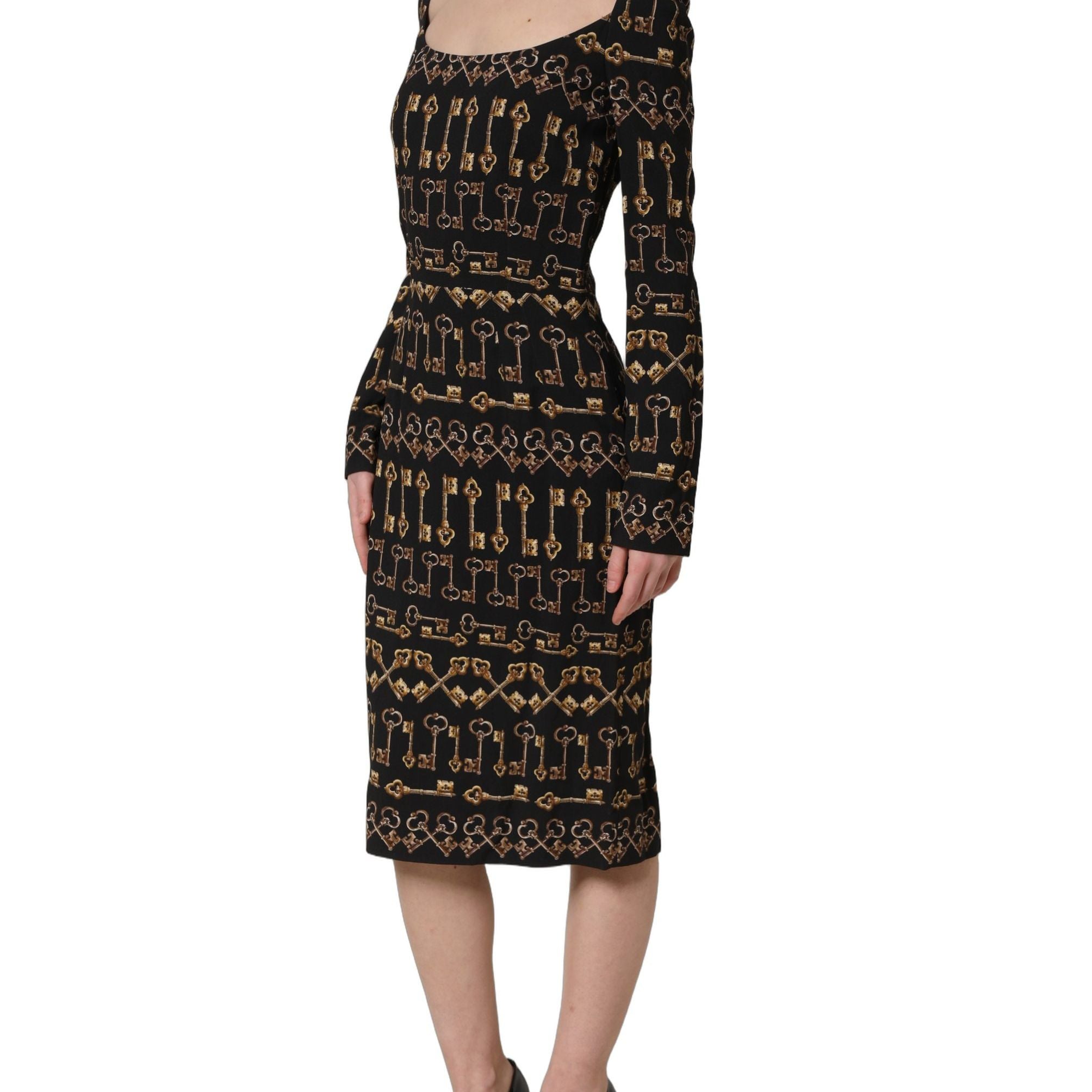 Dolce & Gabbana Black Key Print Long Sleeves Sheath Midi Dress