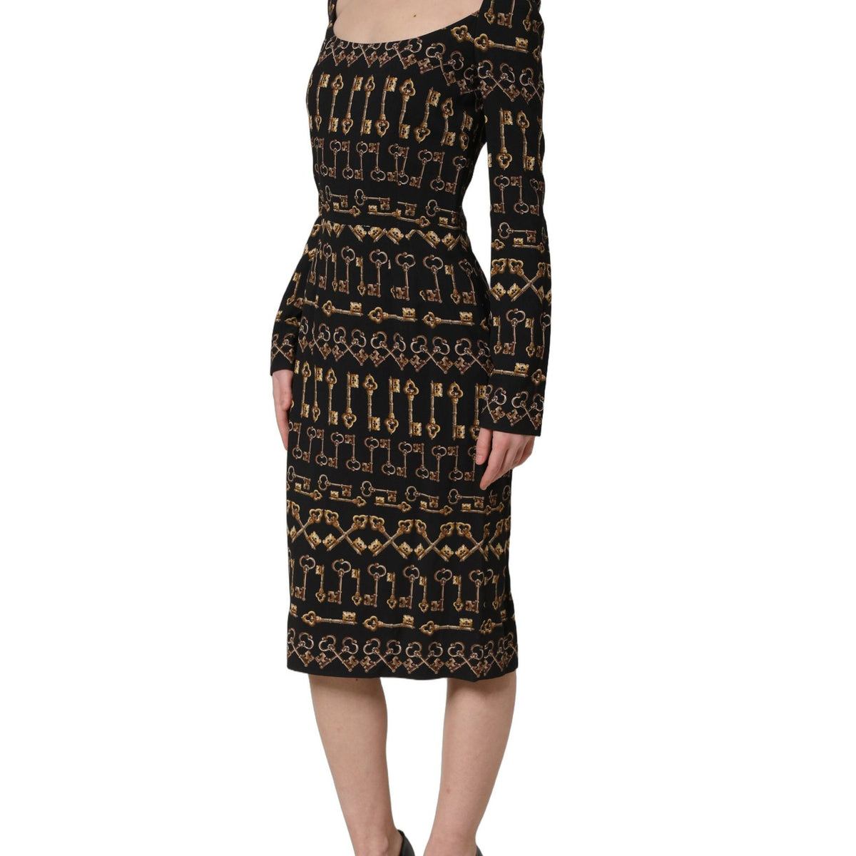 Dolce & Gabbana Black Key Print Long Sleeves Sheath Midi Dress