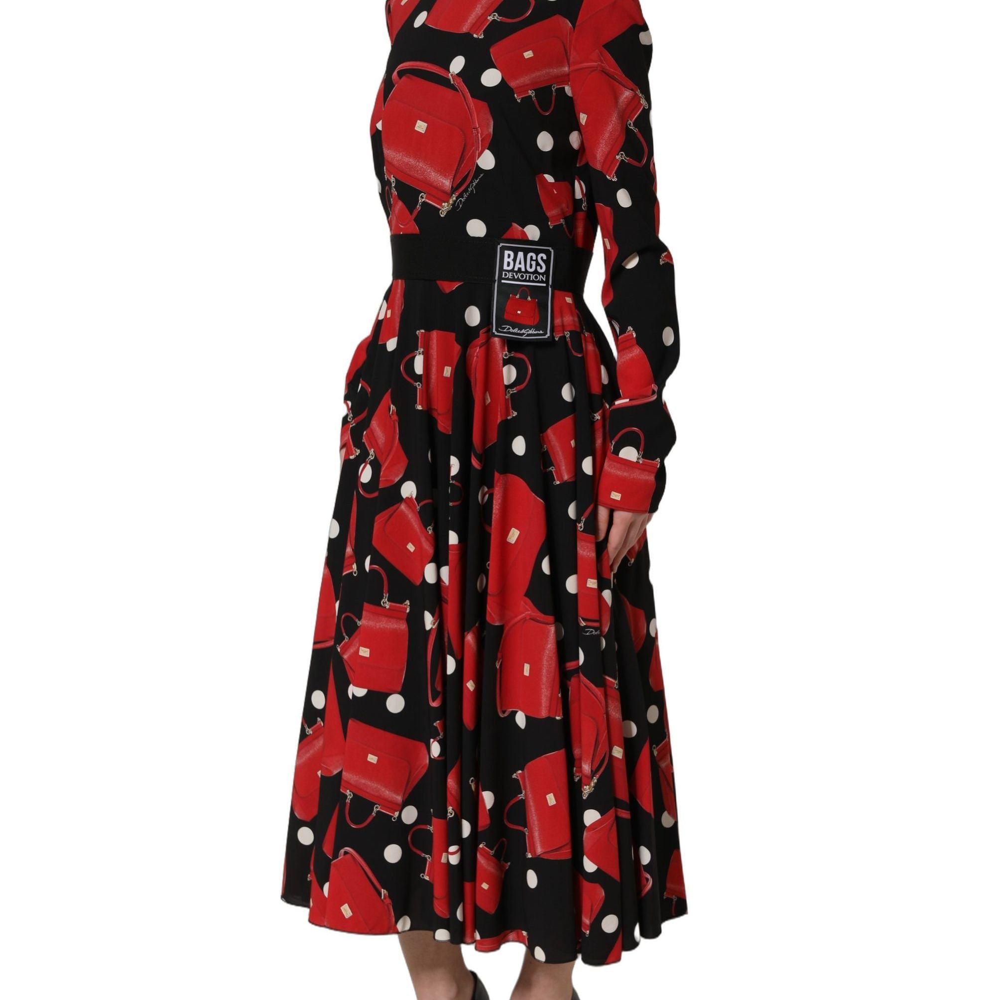 Dolce & Gabbana Black Handbag Print Long Sleeve Midi Dress