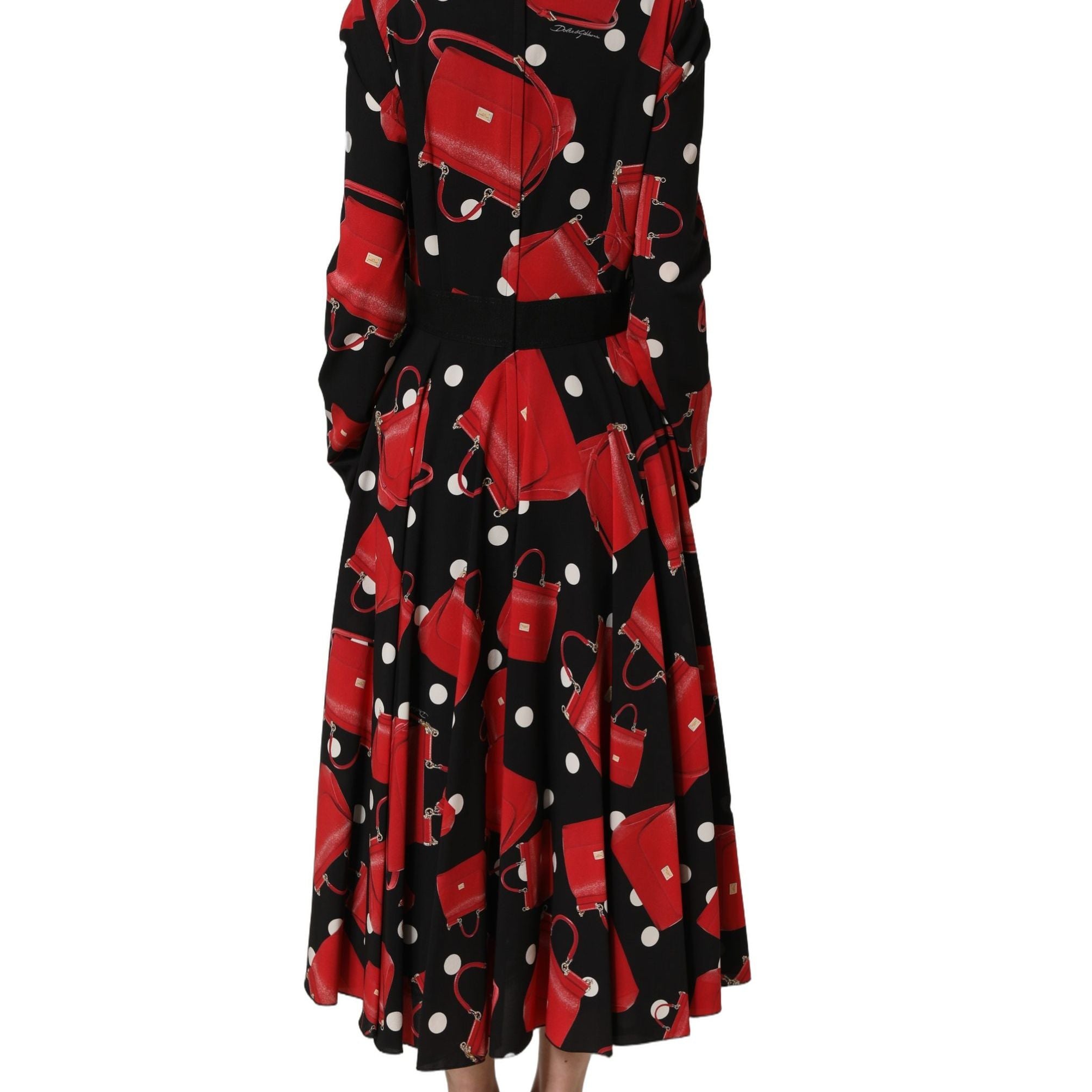 Dolce & Gabbana Black Handbag Print Long Sleeve Midi Dress