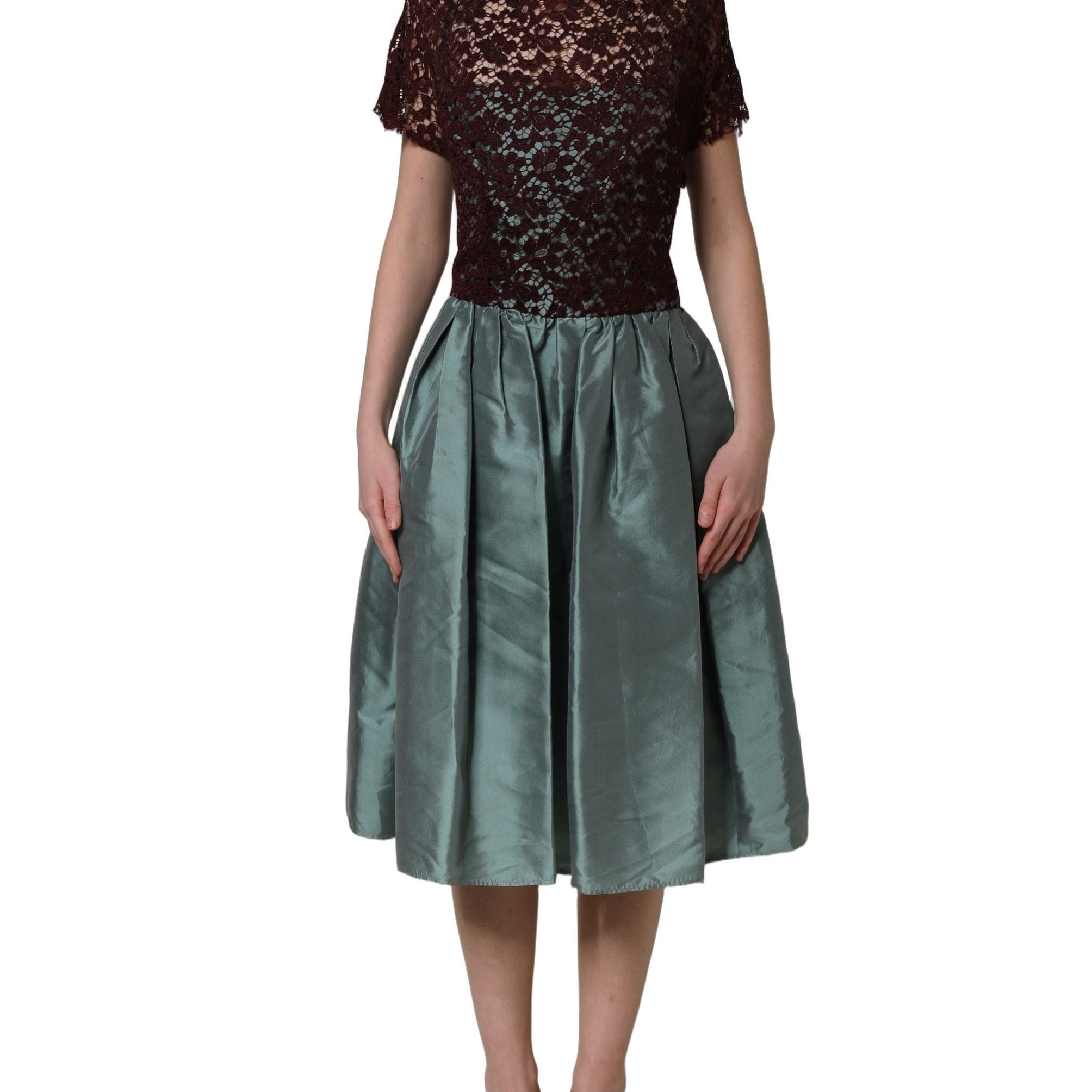 Dolce & Gabbana Multicolor Floral Lace Taffeta Pleated Midi Dress