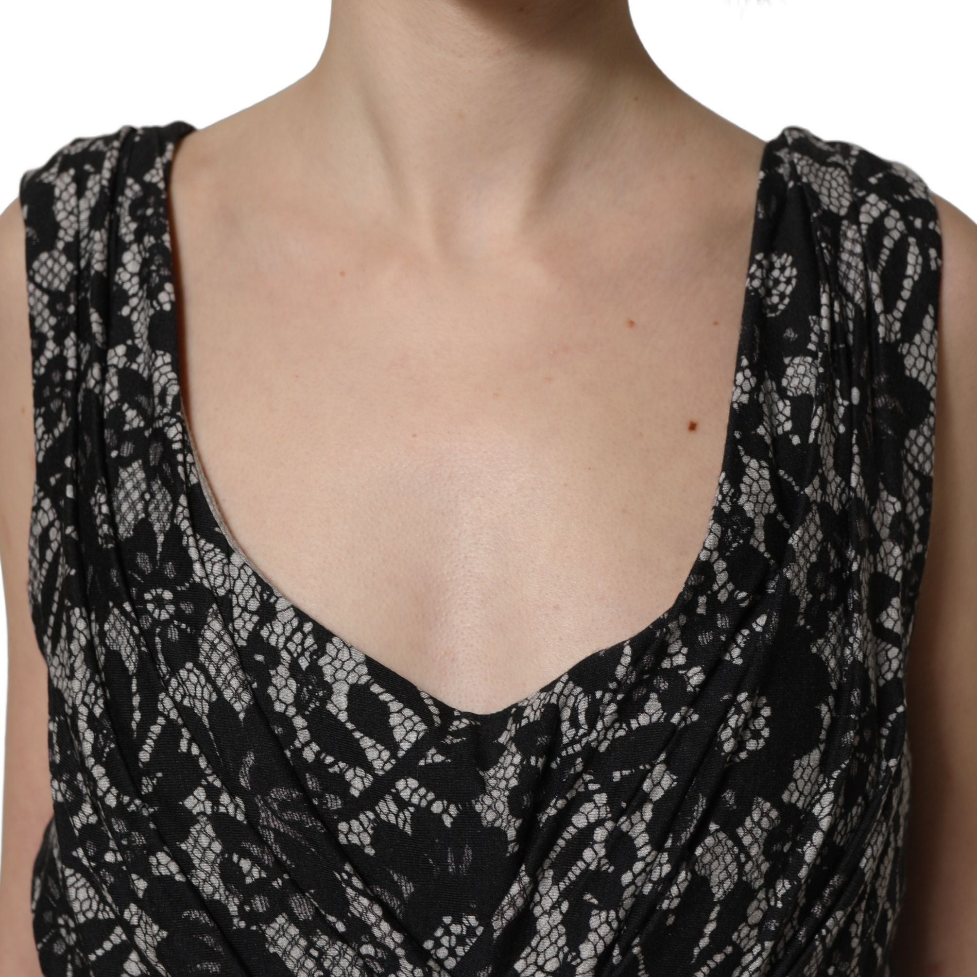 Dolce & Gabbana Black White Floral Lace Sleeveless Midi Dress