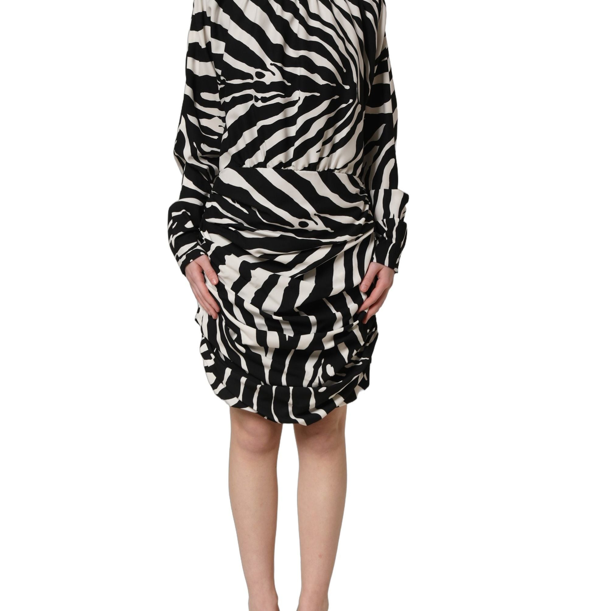 Dolce & Gabbana Black White Zebra Ruched Silk Mini Dress