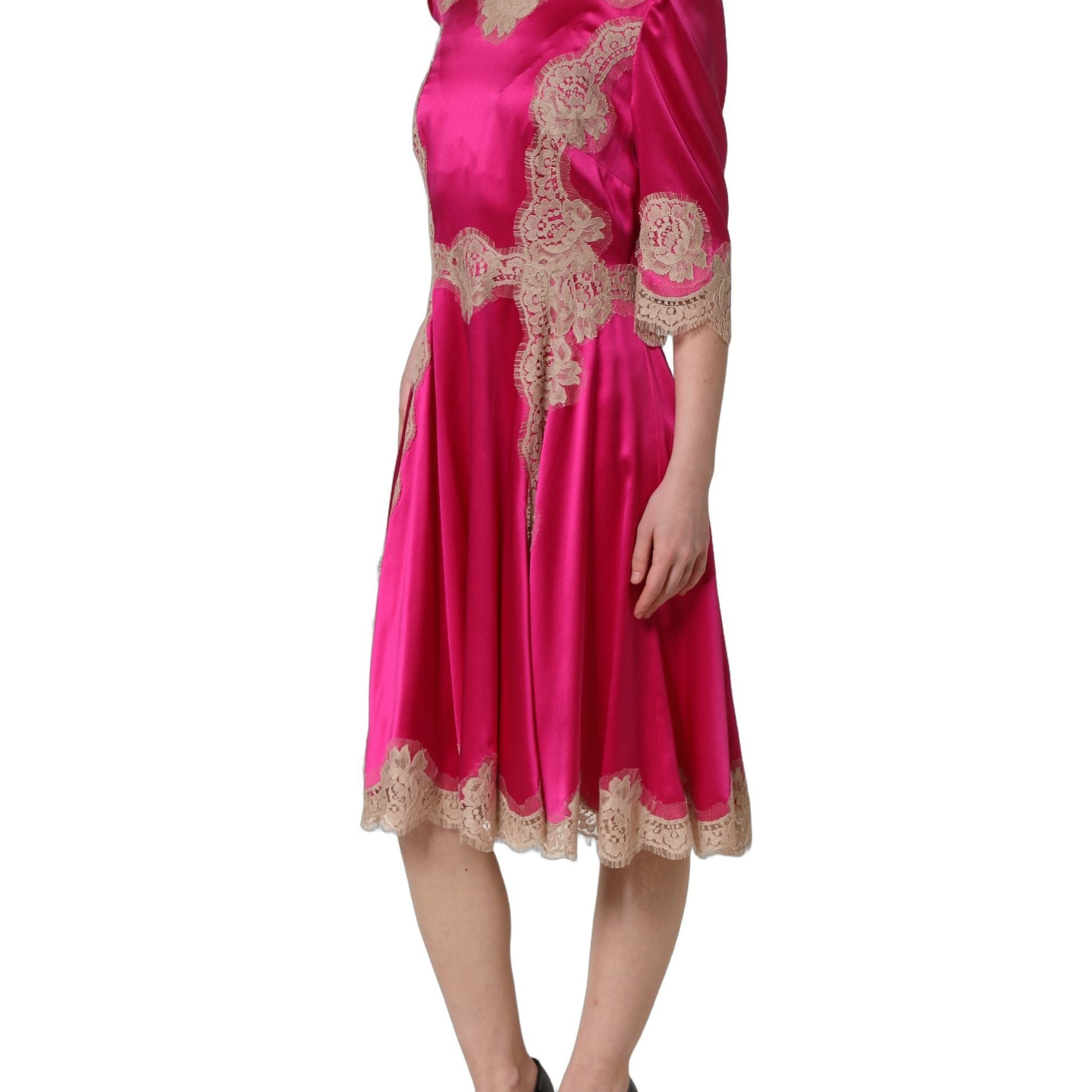 Dolce & Gabbana Fuchsia Pink Lace Detail A-line Midi Dress
