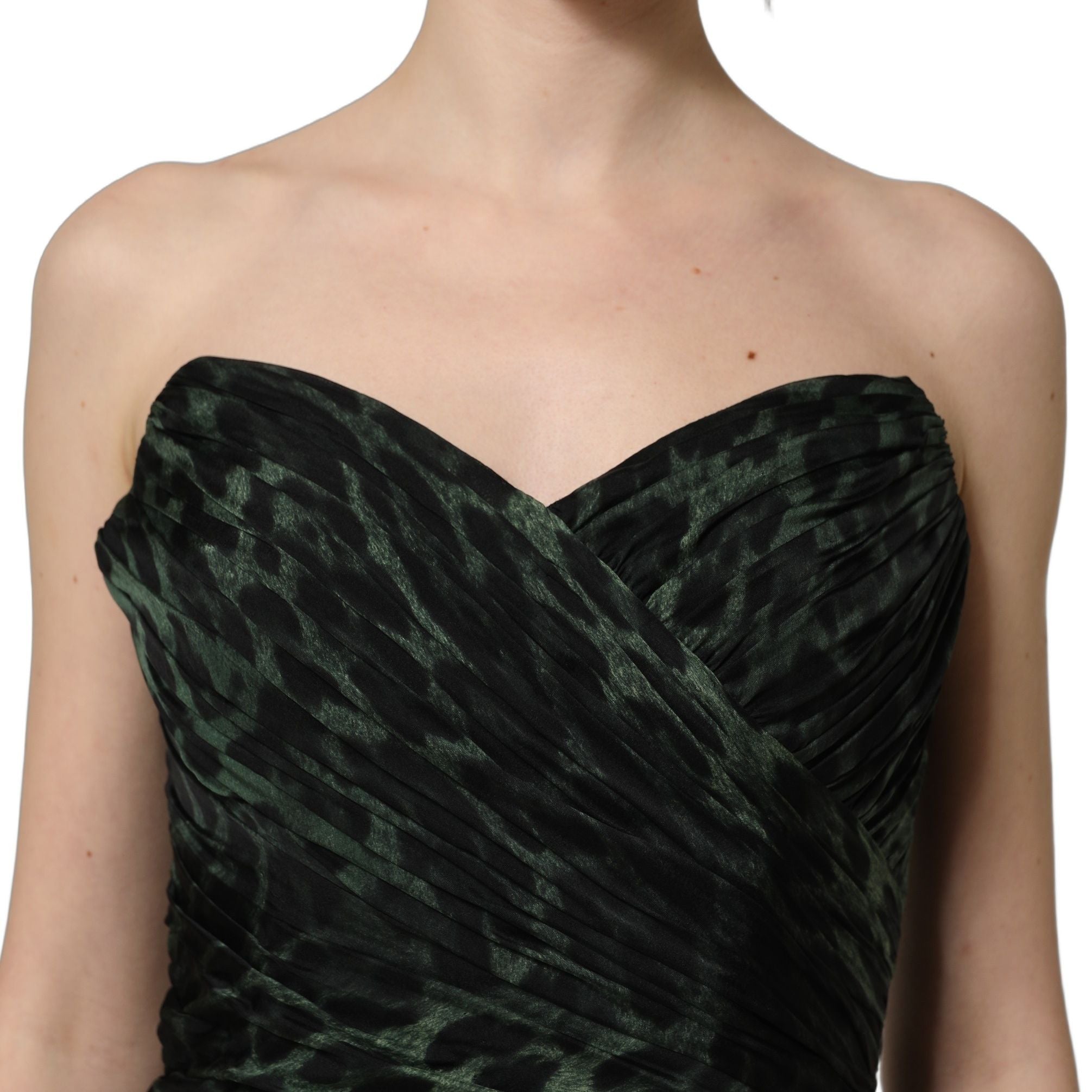 Dolce & Gabbana Green Leopard Print Bustier Draped Midi Dress