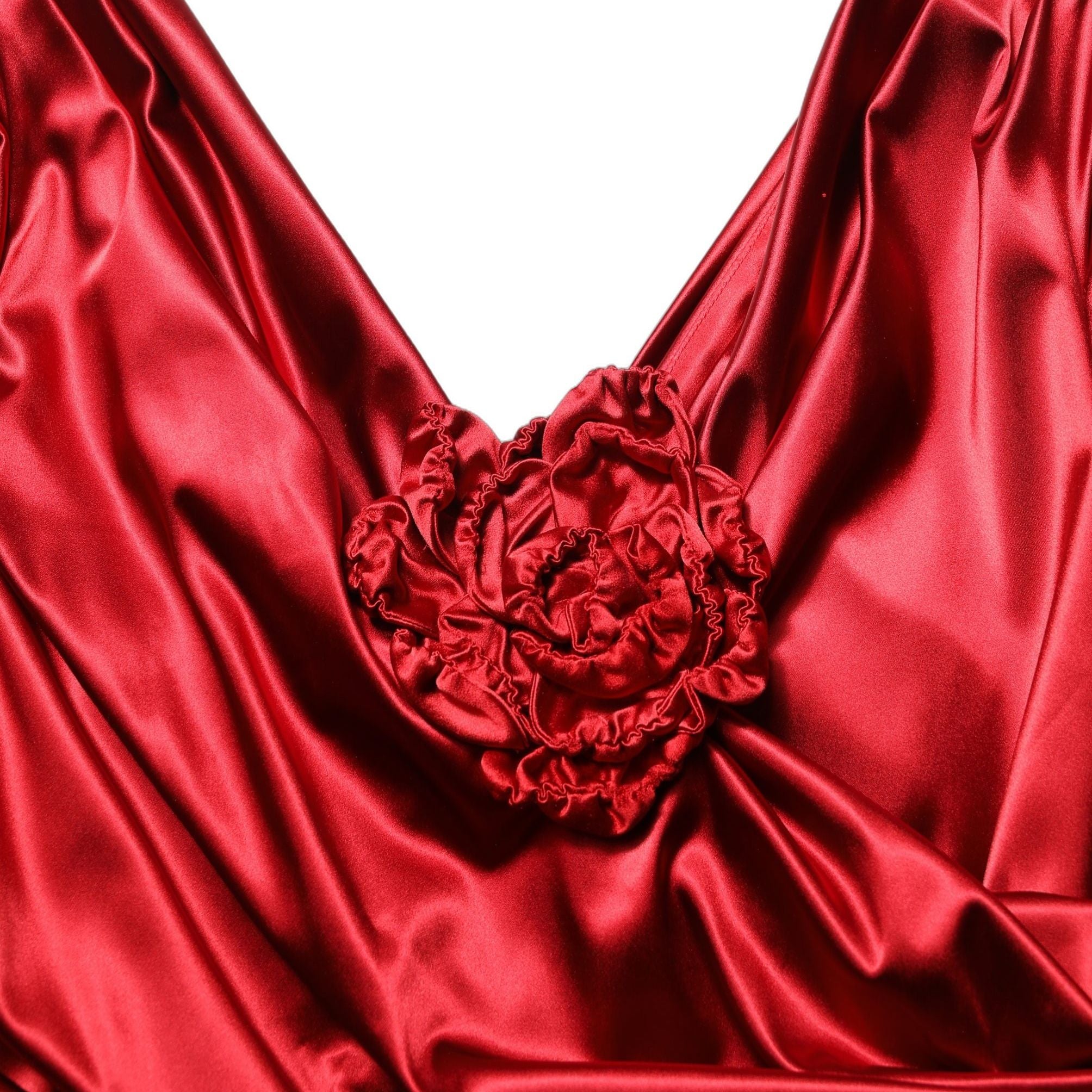 Dolce & Gabbana Red Silk Satin Draped Midi Floral Applique Dress