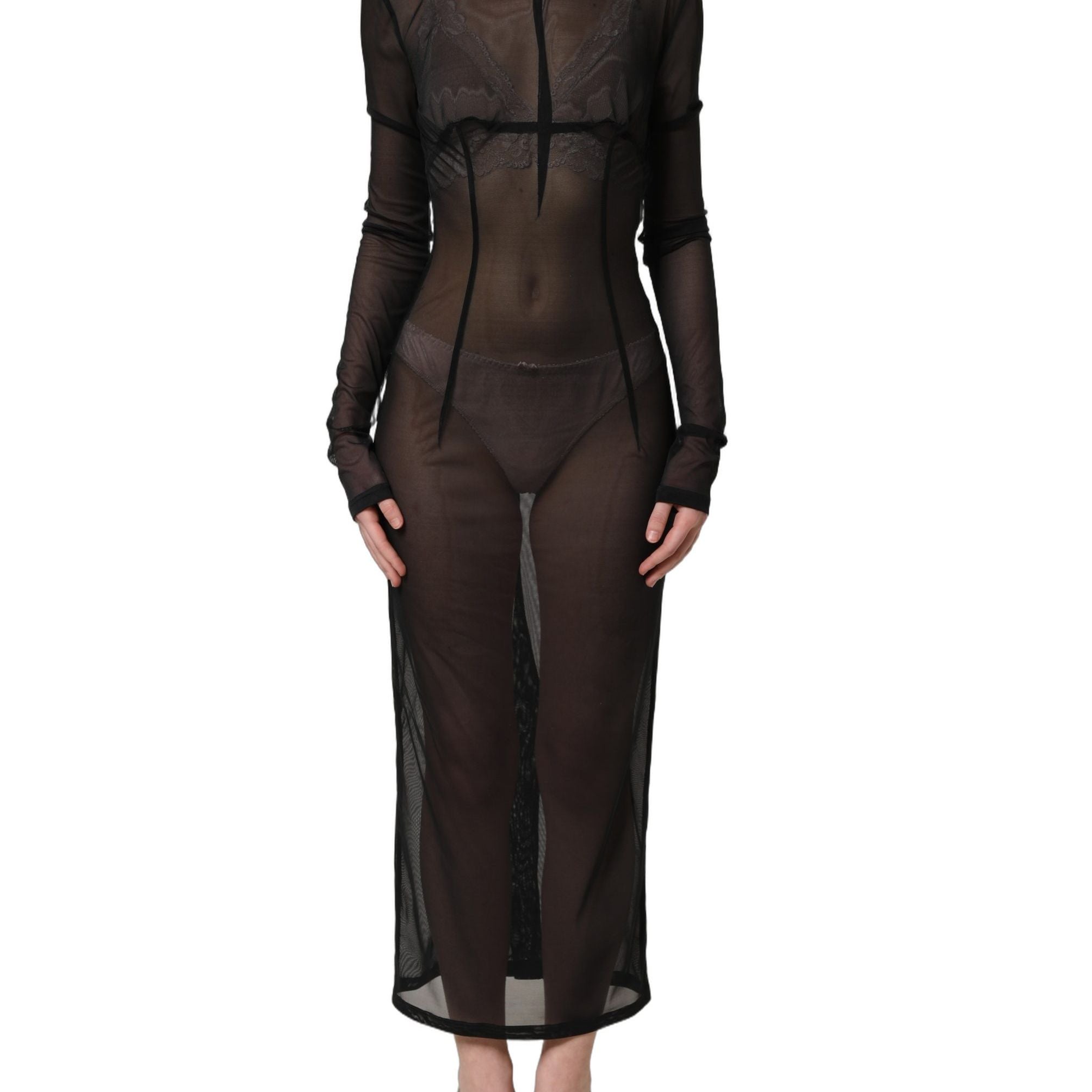 Dolce & Gabbana Black Long Sleeve Sheer Fitted Maxi Dress