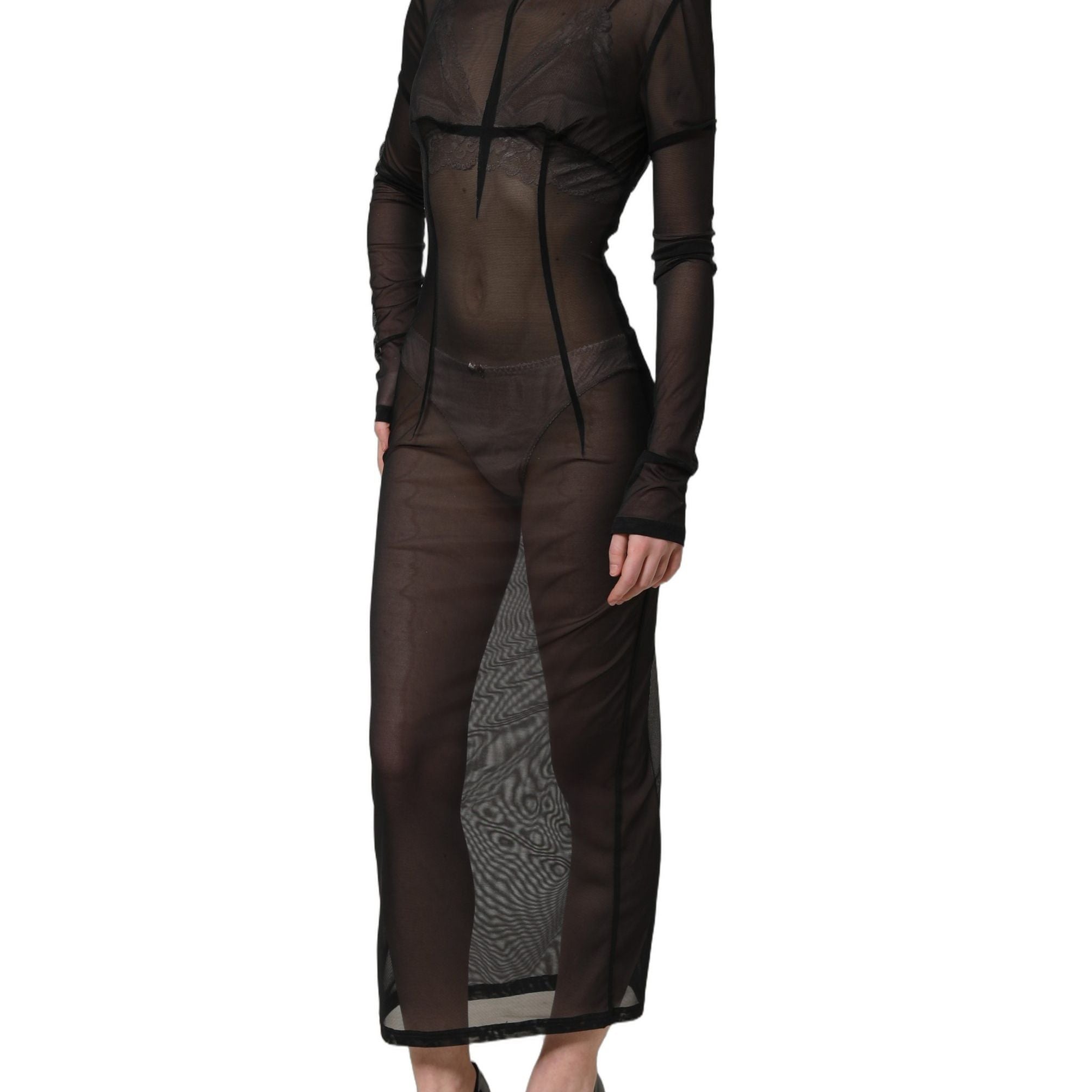 Dolce & Gabbana Black Long Sleeve Sheer Fitted Maxi Dress