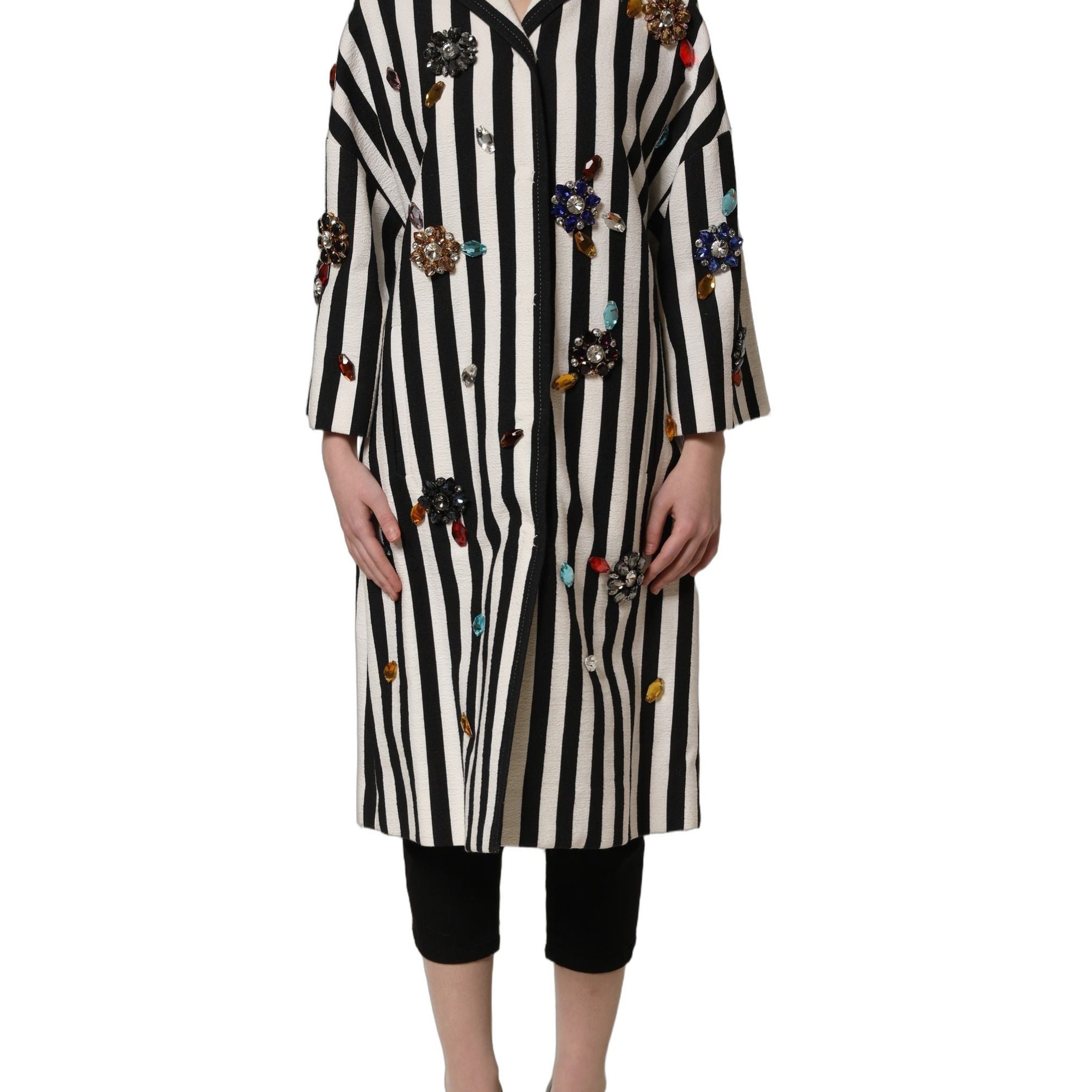 Dolce & Gabbana Black White Striped Embellished Coat Jacket