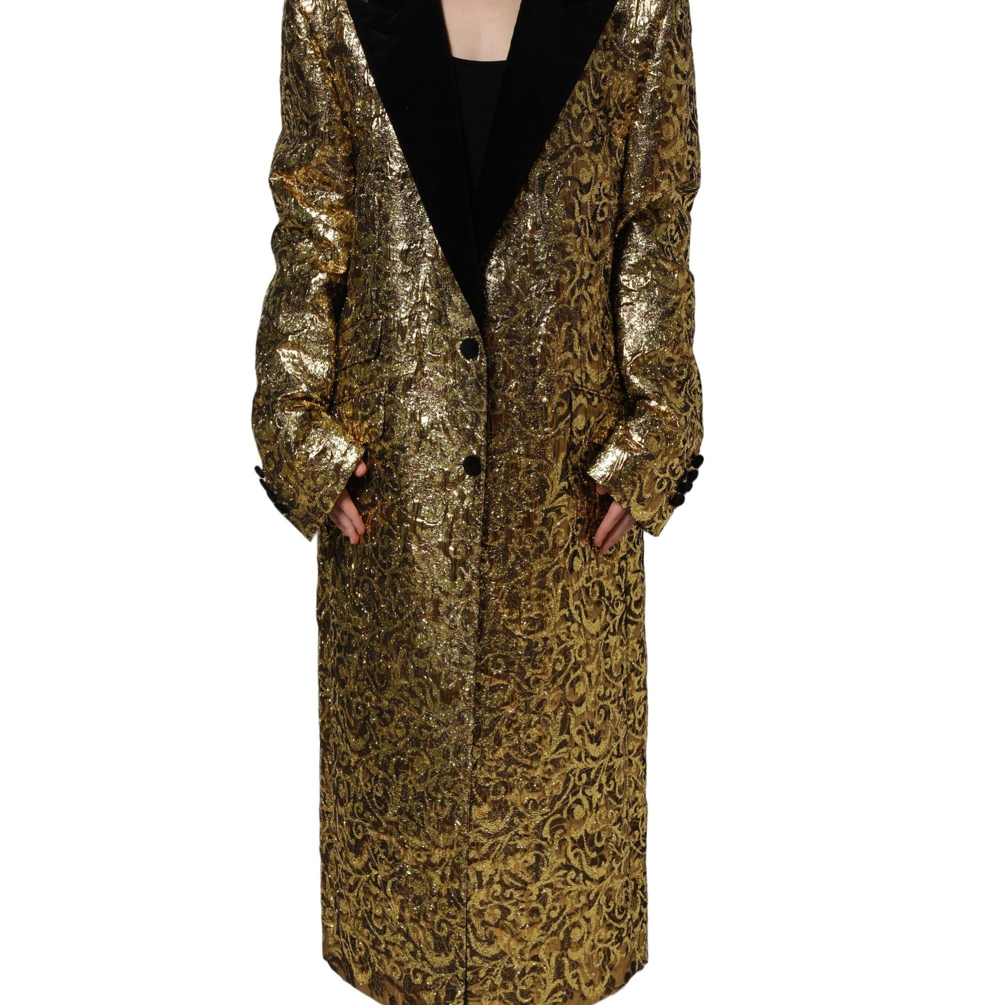 Dolce & Gabbana Gold Floral Jacquard Wool Trench Coat Jacket