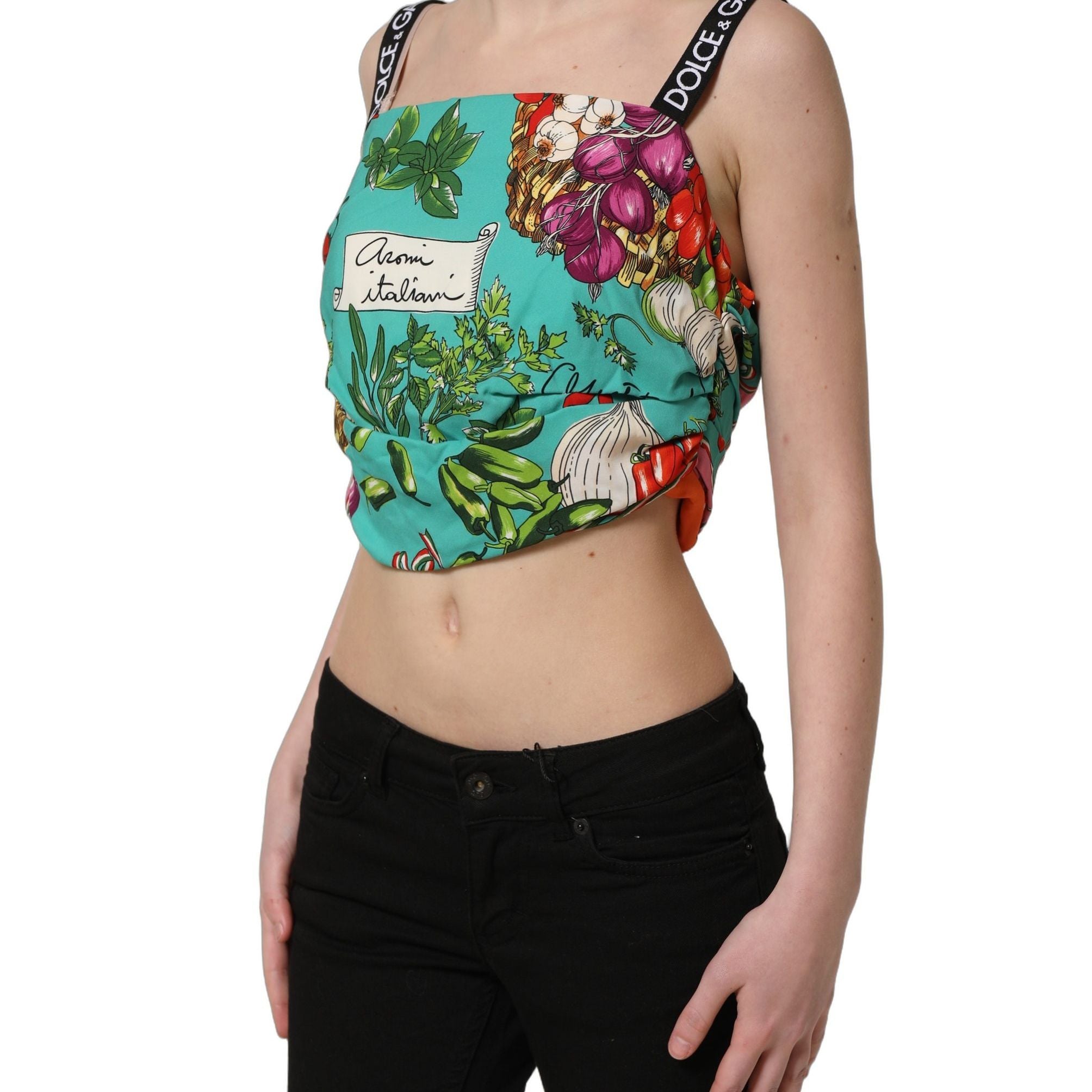 Dolce & Gabbana Multicolor Silk Vegetable Print Cropped Top