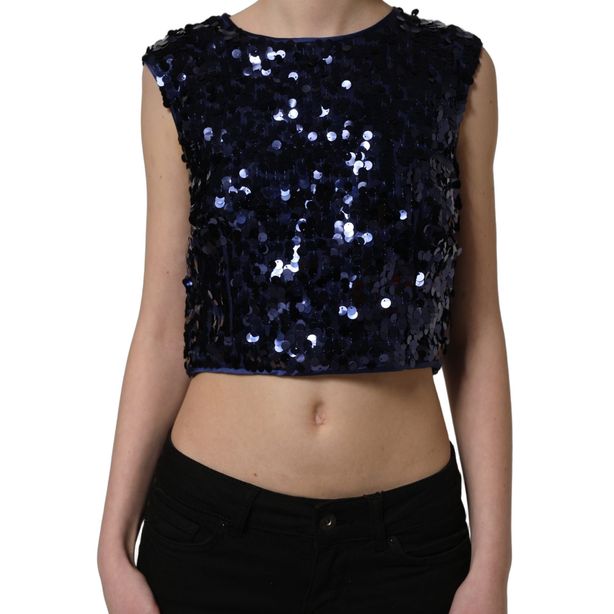Dolce & Gabbana Blue Sequined Sleeveless Cropped Tank Top
