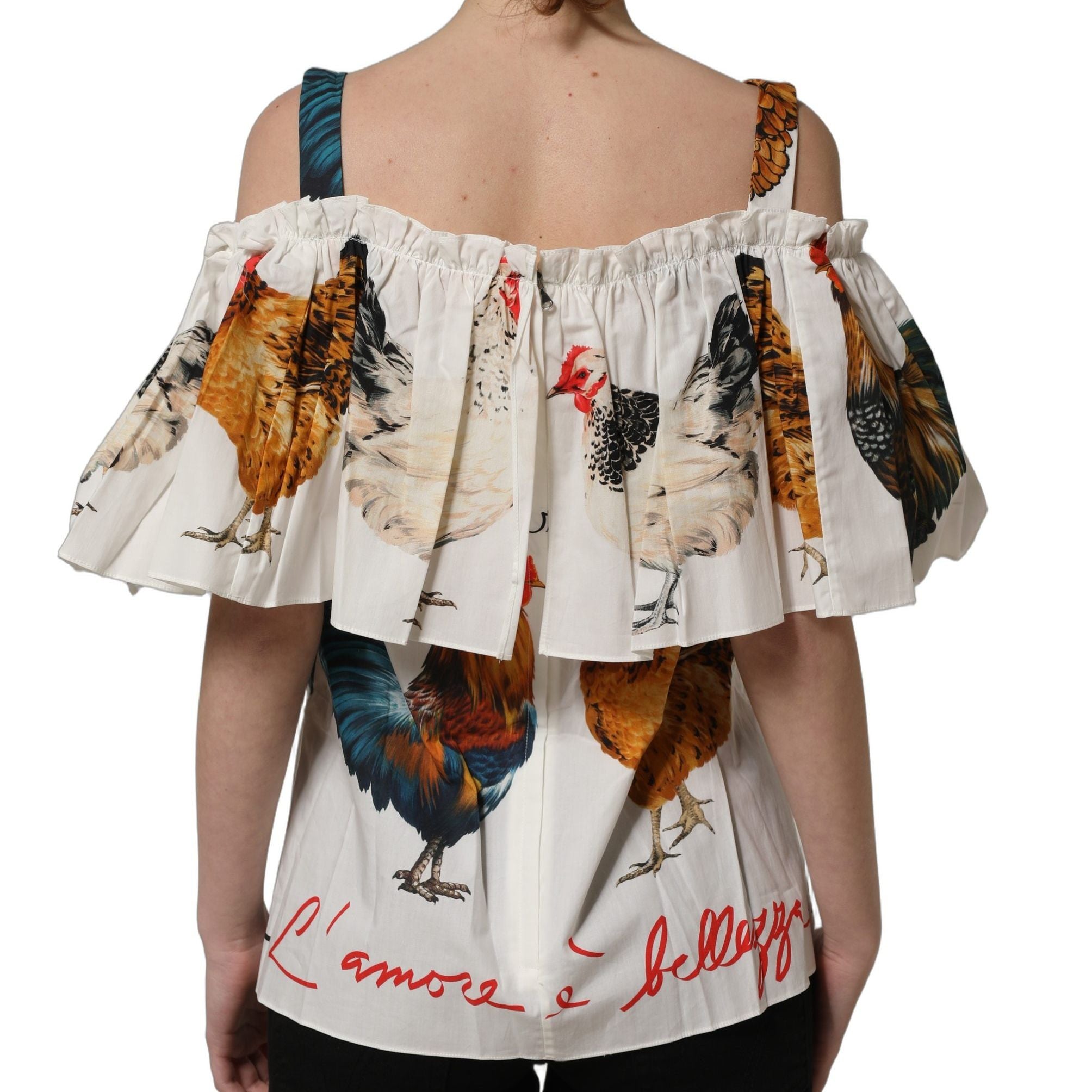 Dolce & Gabbana White Rooster Print Poplin Off The Shoulder Top