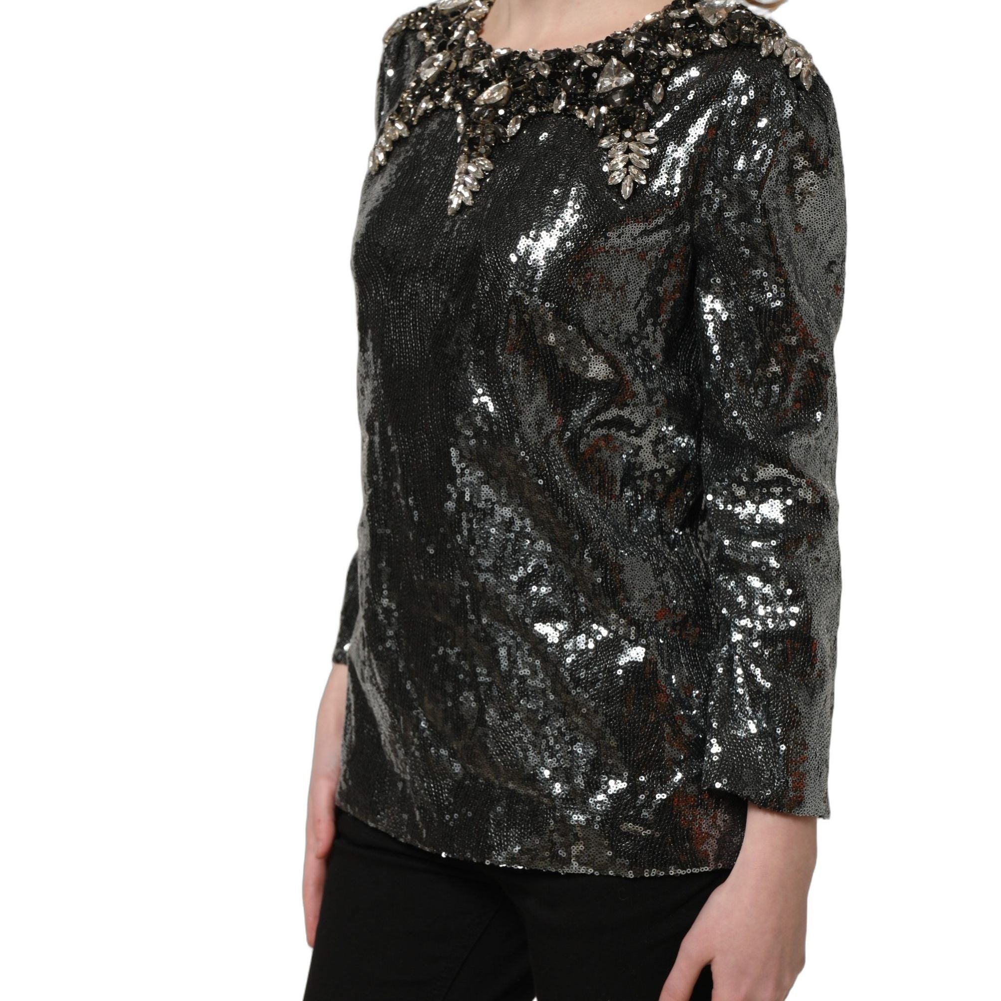 Dolce & Gabbana Metallic Gray Sequin Embellished Blouse Top