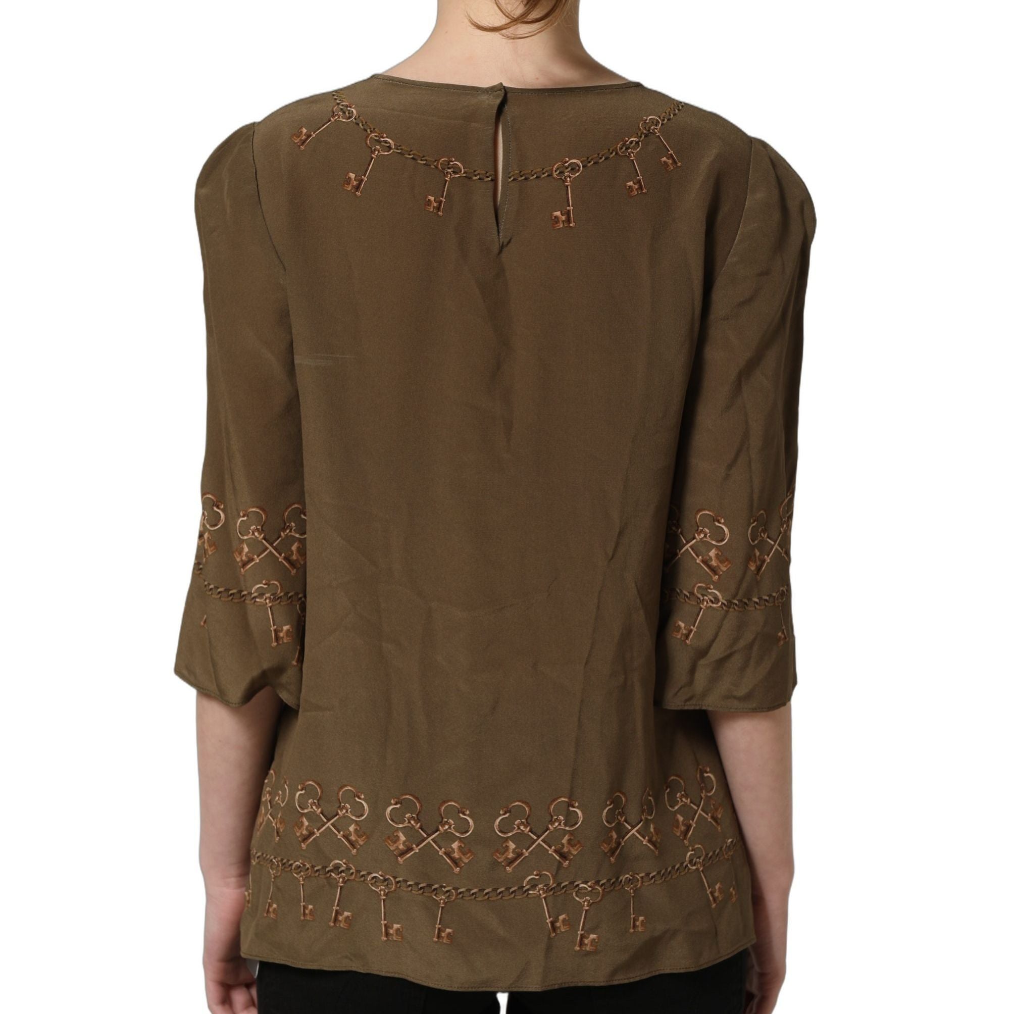 Dolce & Gabbana Brown Keys Roses Printed Silk Blouse Top