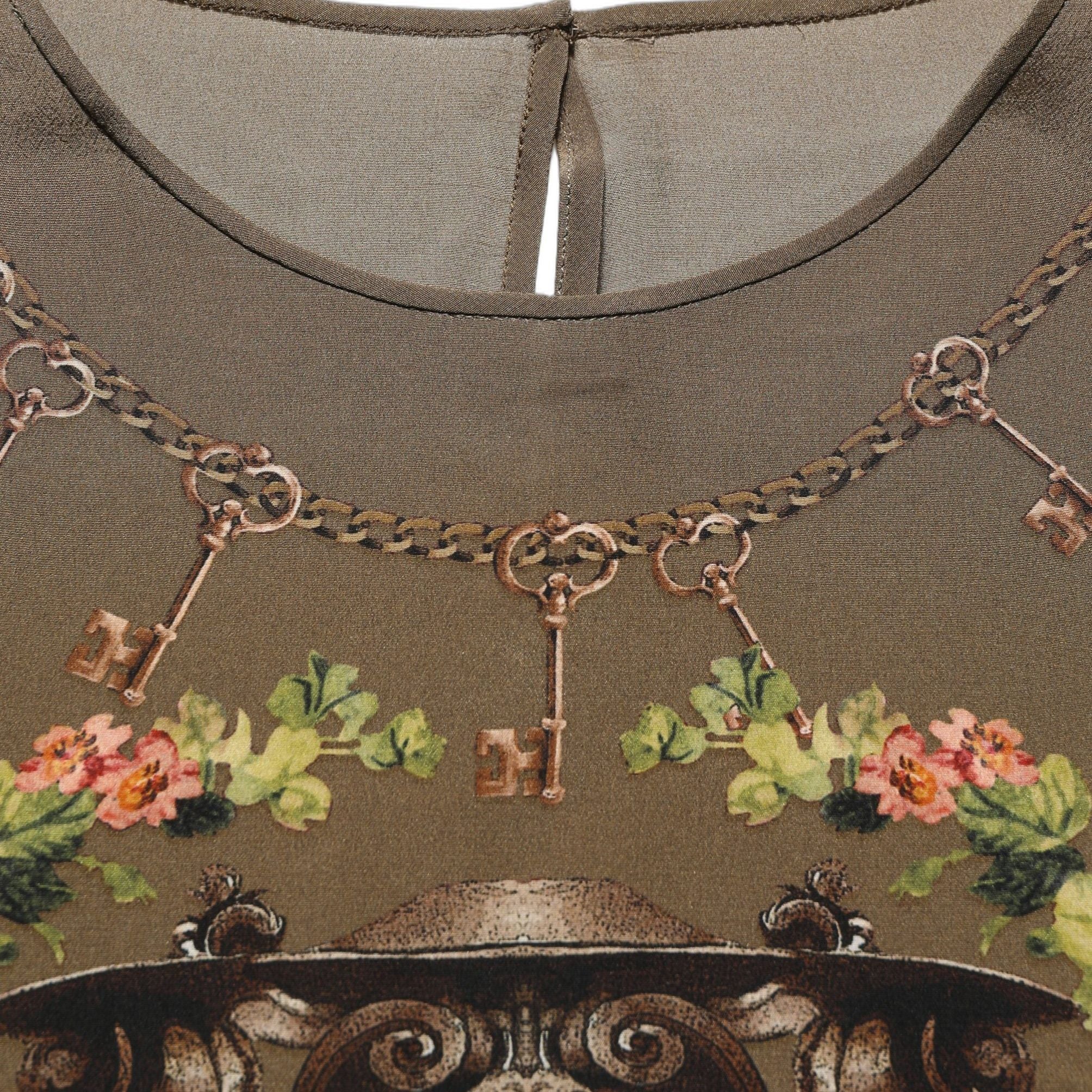 Dolce & Gabbana Brown Keys Roses Printed Silk Blouse Top
