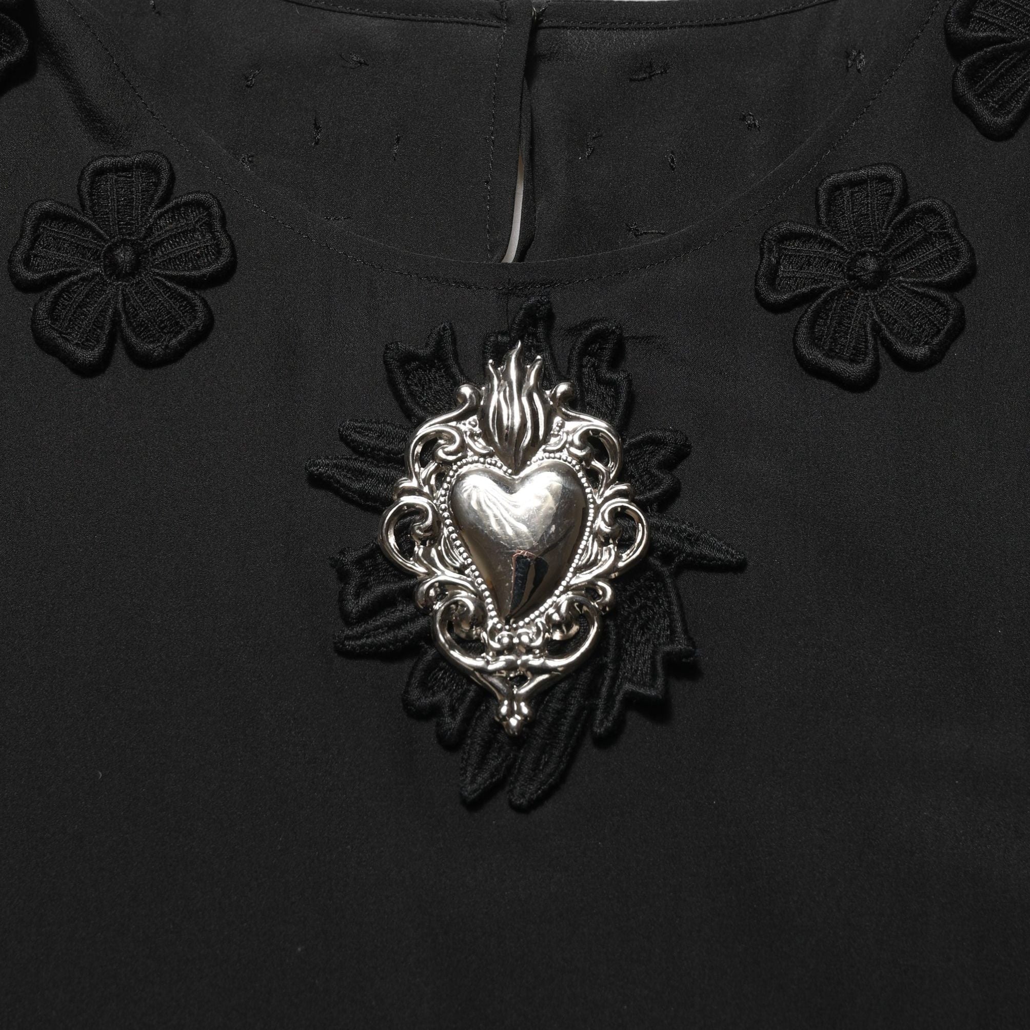 Dolce & Gabbana Black Floral Silk Heart Appliqué Blouse Top
