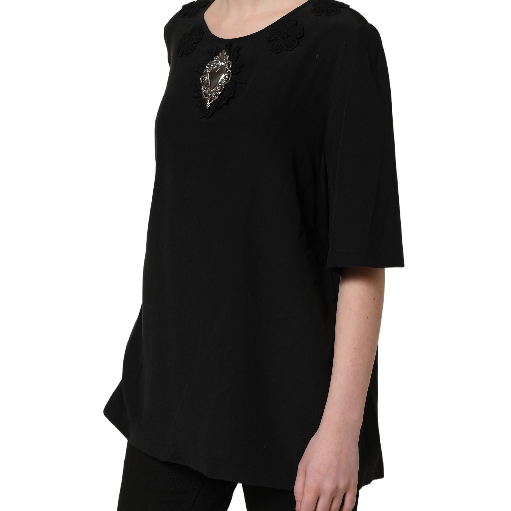 Dolce & Gabbana Black Floral Silk Heart Appliqué Blouse Top