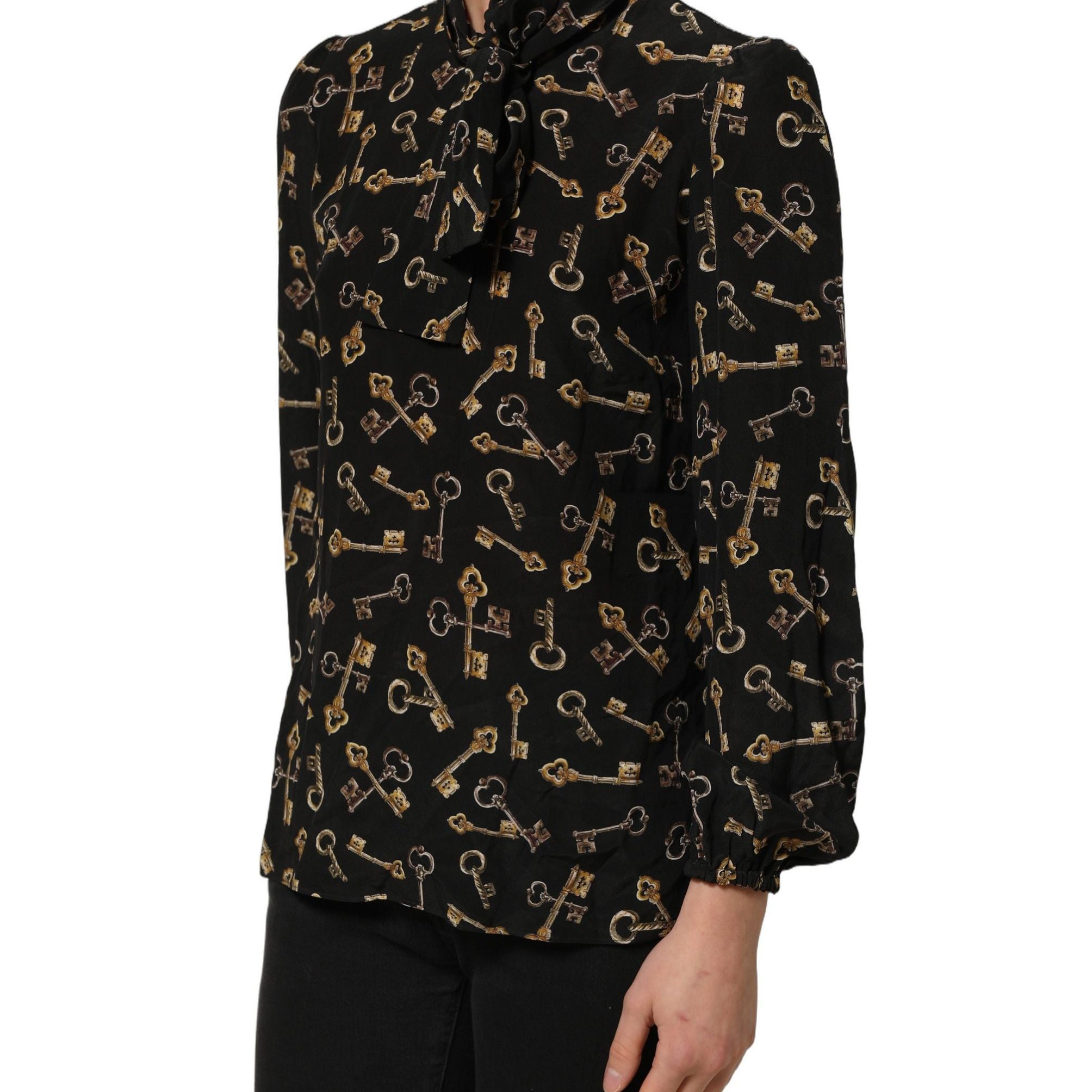 Dolce & Gabbana Black Keys Print Silk Tie Neck Blouse Top