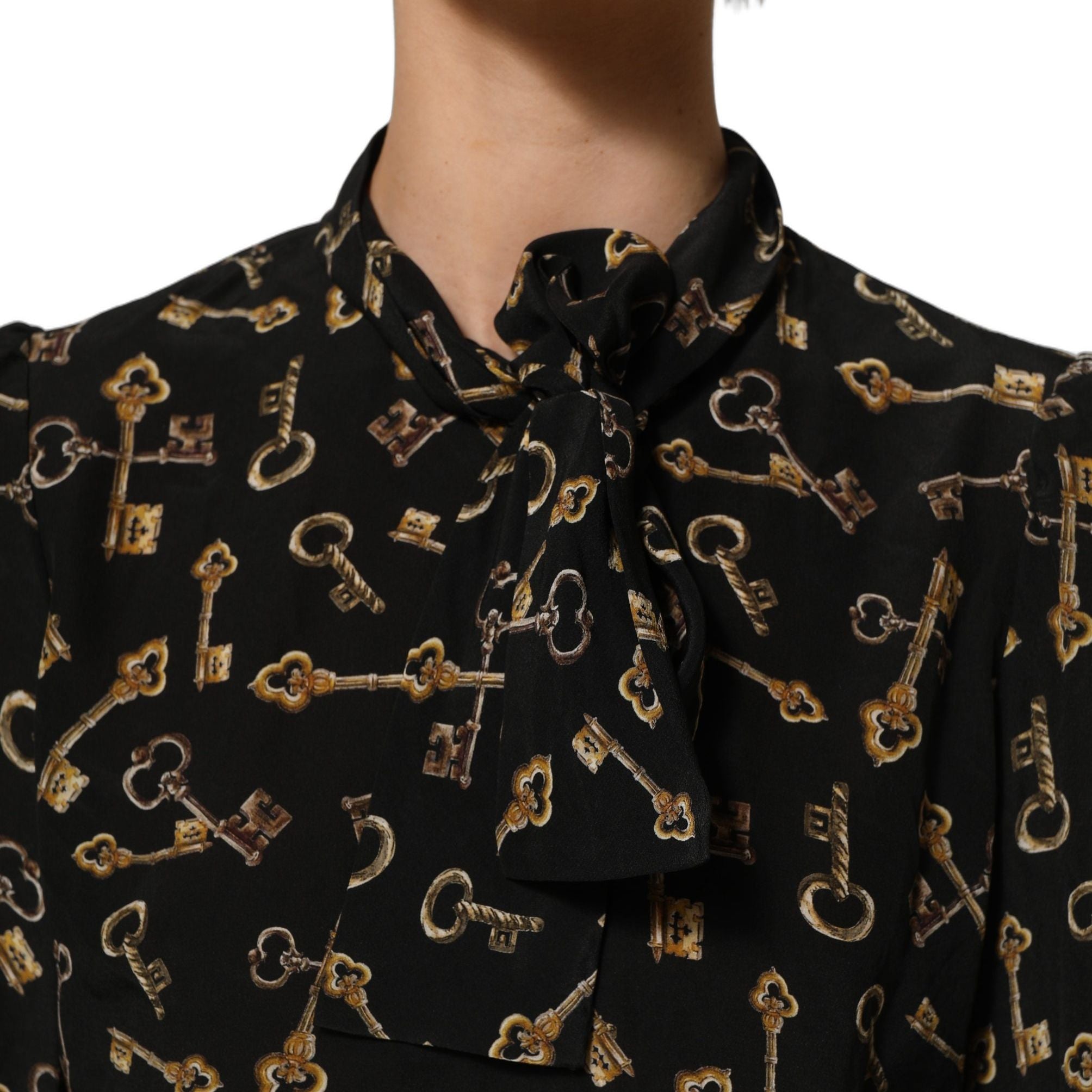 Dolce & Gabbana Black Keys Print Silk Tie Neck Blouse Top