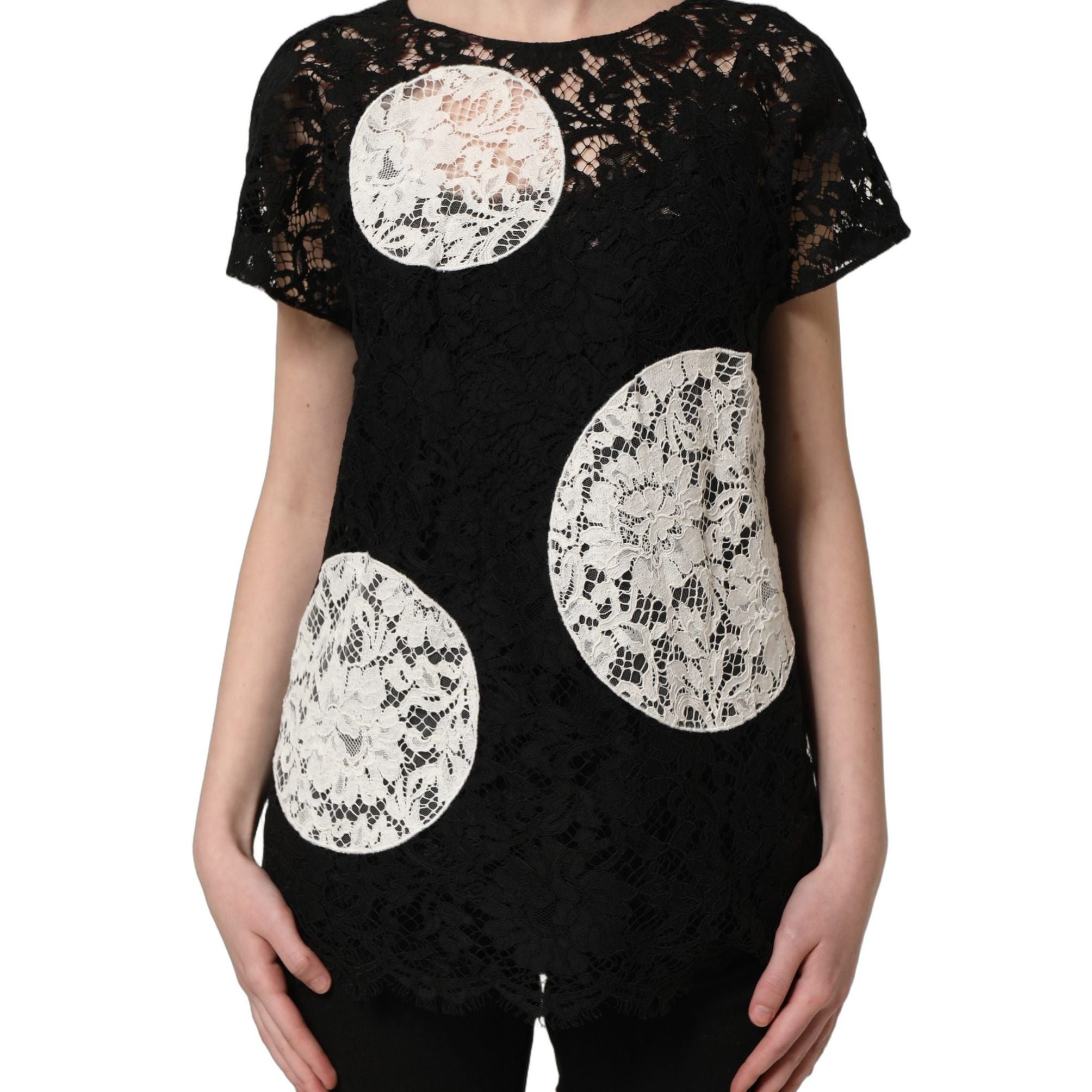 Dolce & Gabbana Black White Floral Lace Short Sleeve Blouse Top