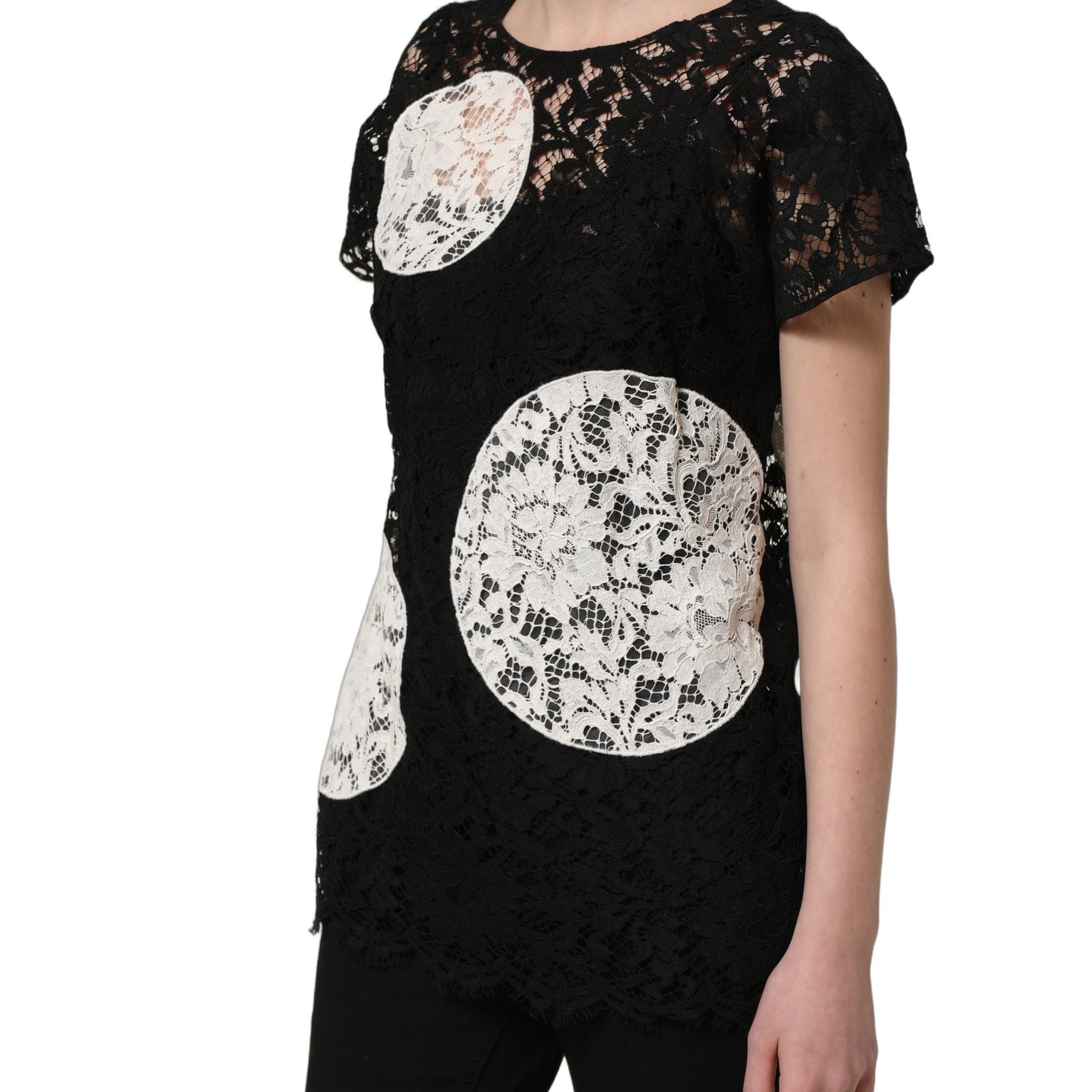 Dolce & Gabbana Black White Floral Lace Short Sleeve Blouse Top