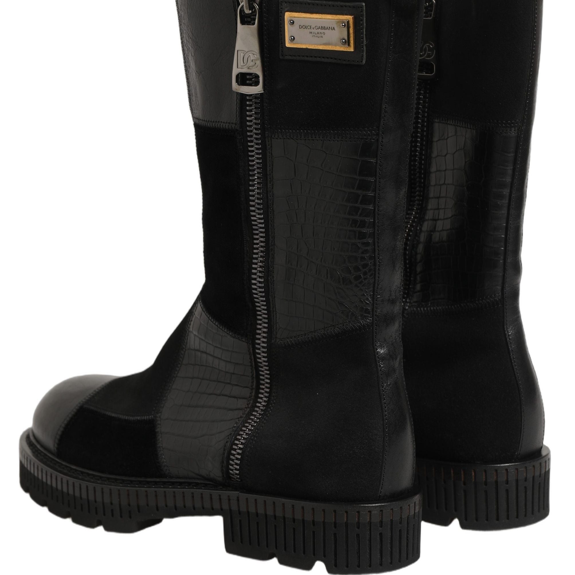 Dolce & Gabbana Black Patchwork Leather Mid Calf Boots Shoes