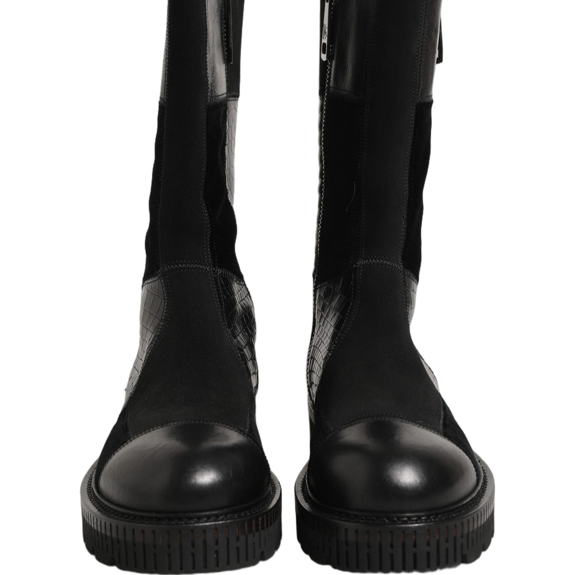 Dolce & Gabbana Black Patchwork Leather Mid Calf Boots Shoes