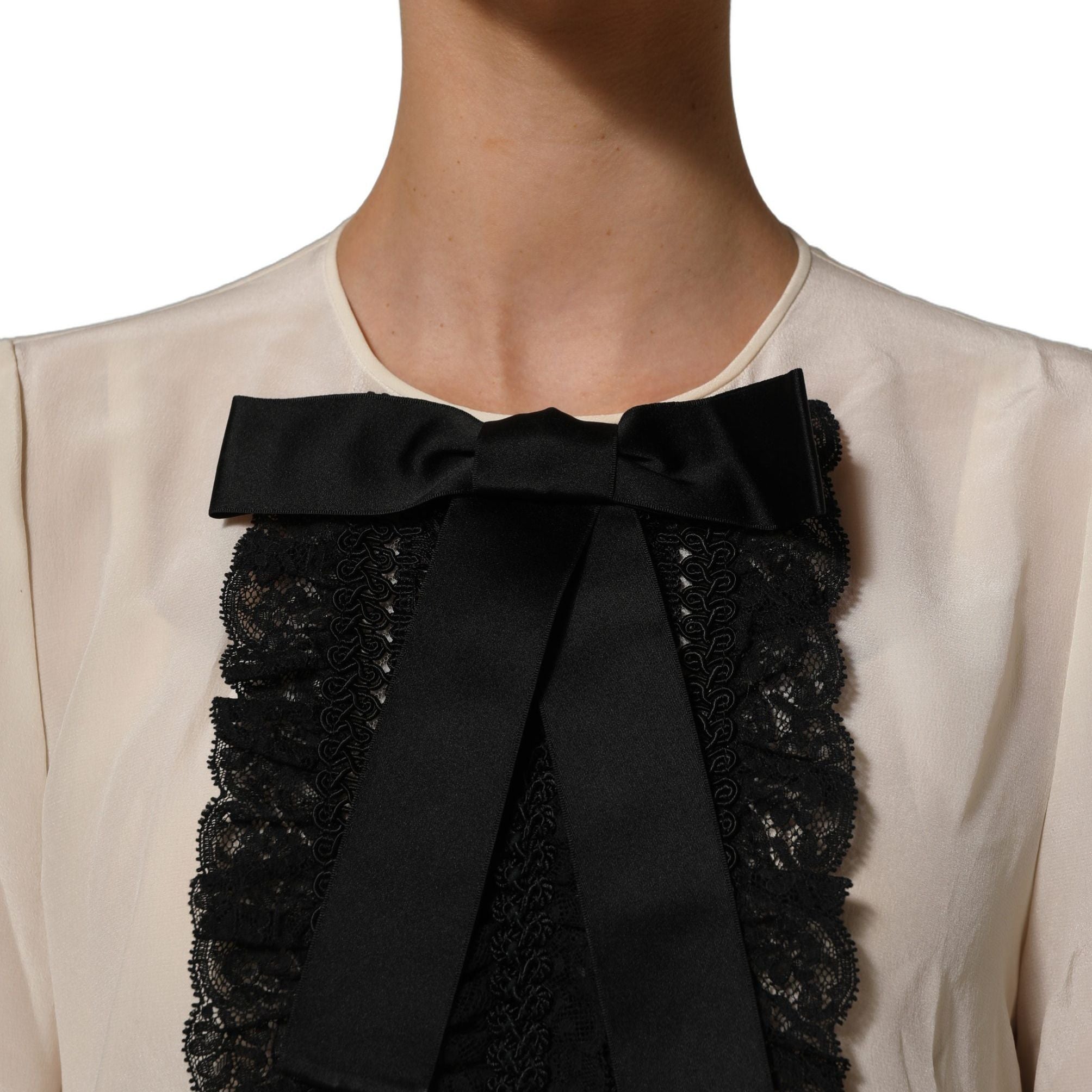 Dolce & Gabbana Beige Lace Trim Bow Short Sleeves Blouse Top