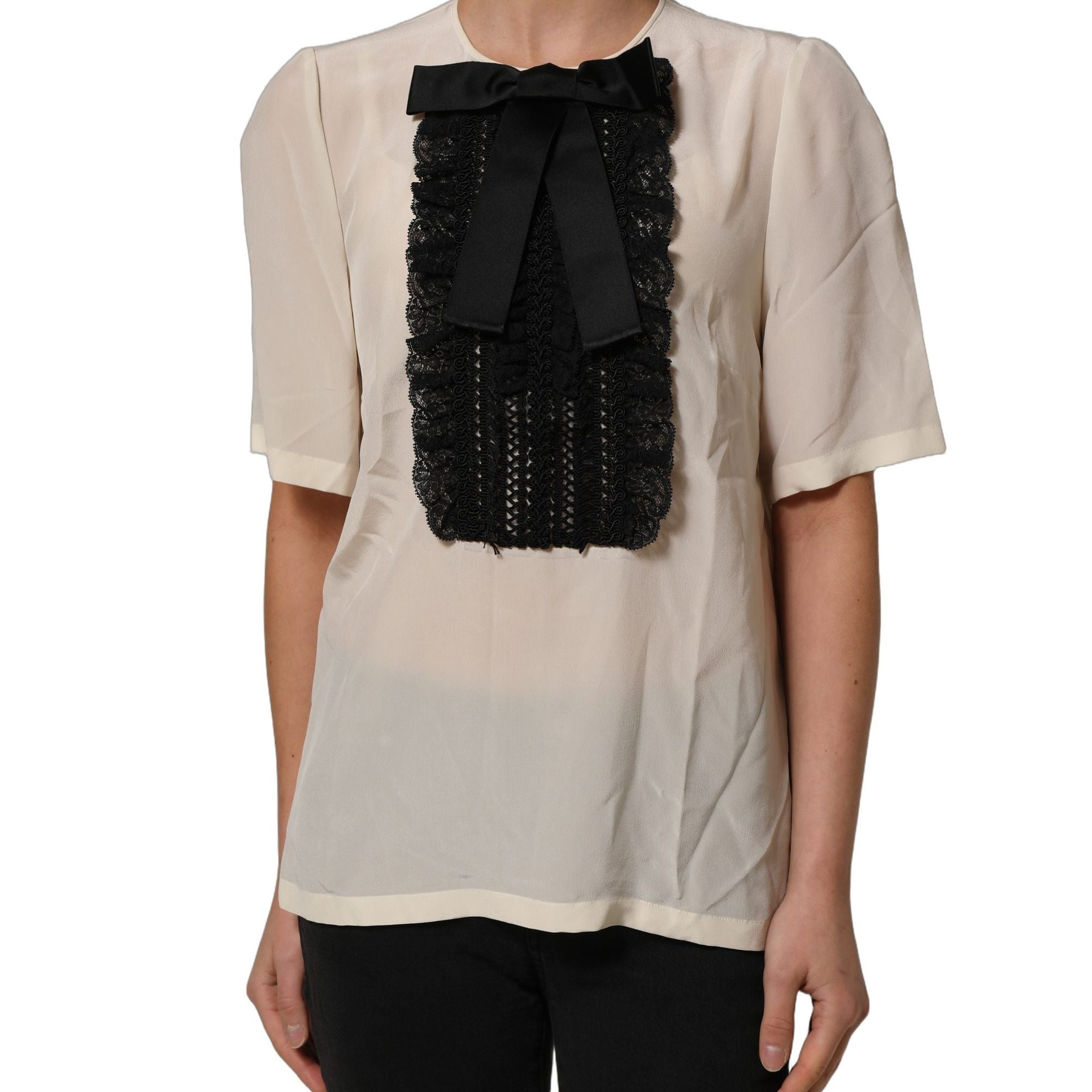 Dolce & Gabbana Beige Lace Trim Bow Short Sleeves Blouse Top