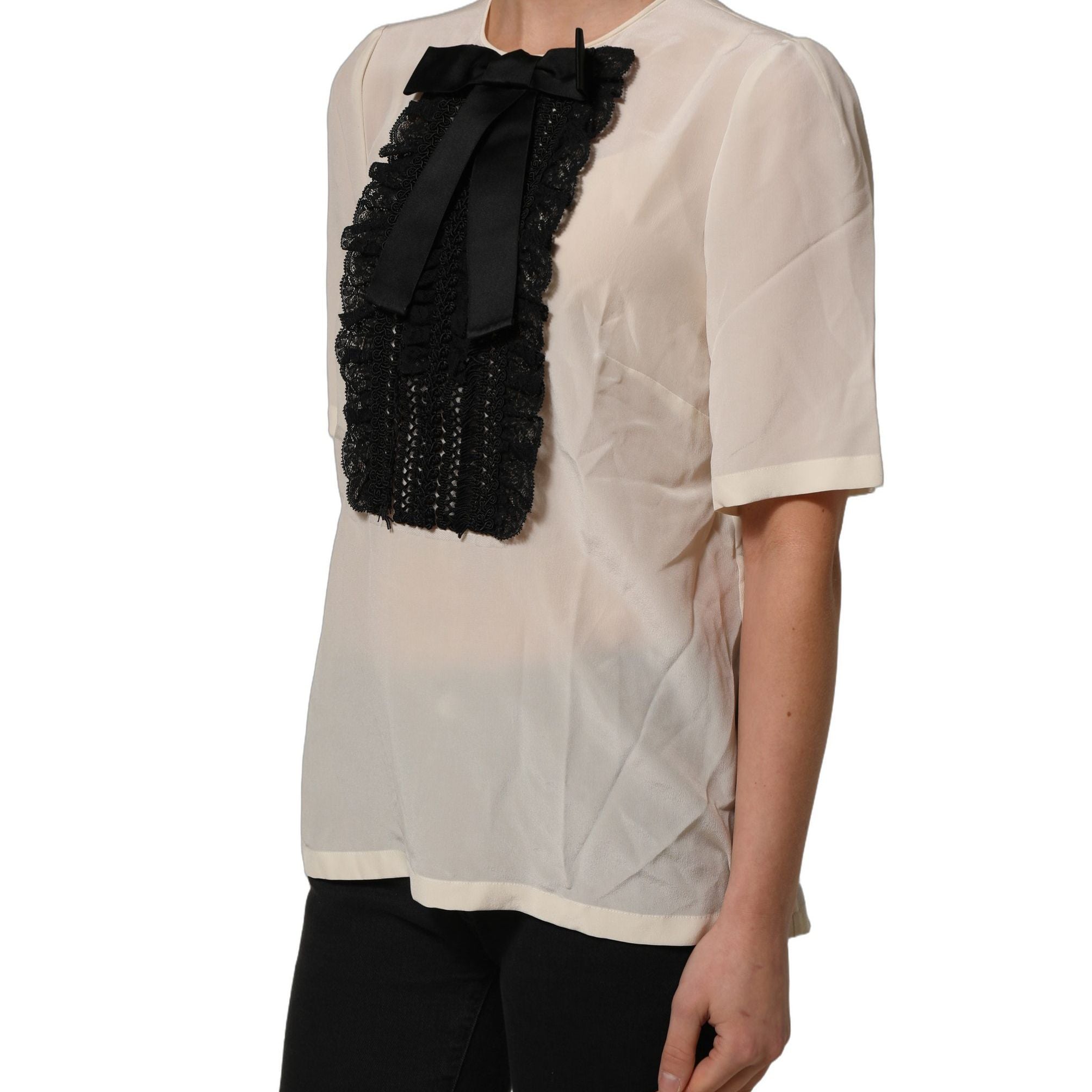 Dolce & Gabbana Beige Lace Trim Bow Short Sleeves Blouse Top