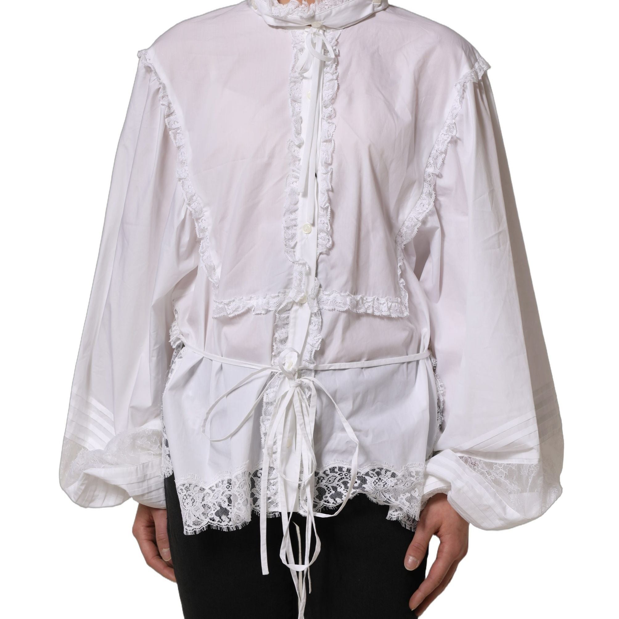 Dolce & Gabbana White Ruffled Lace Embellished Blouse Top