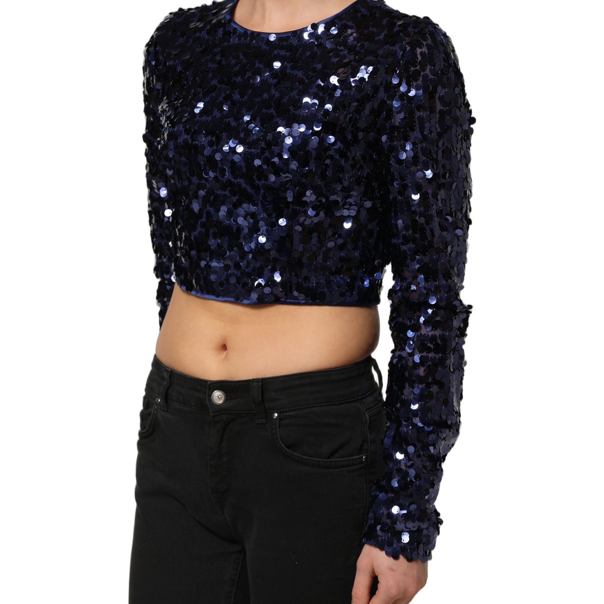 Dolce & Gabbana Blue Sequined Long Sleeves Crop Blouse Top