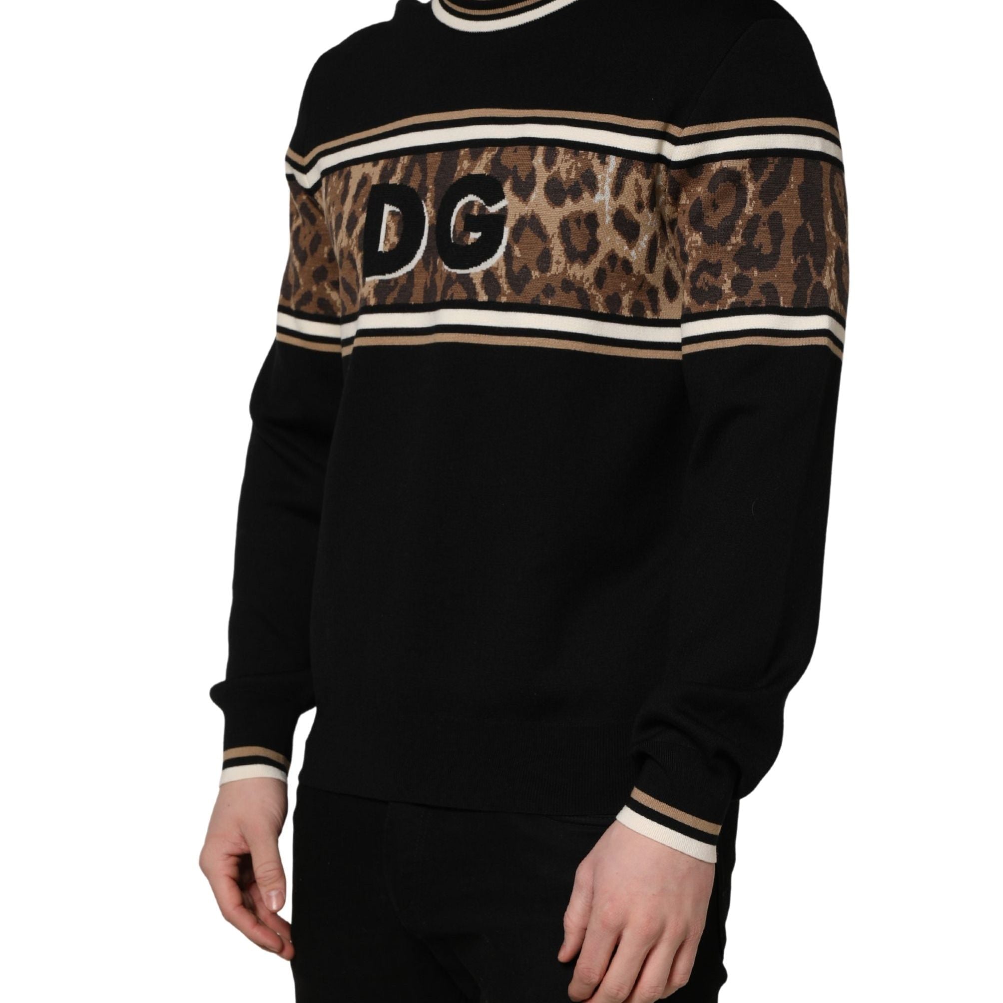 Dolce & Gabbana Black Leopard Wool Crew Neck Men Pullover Sweater