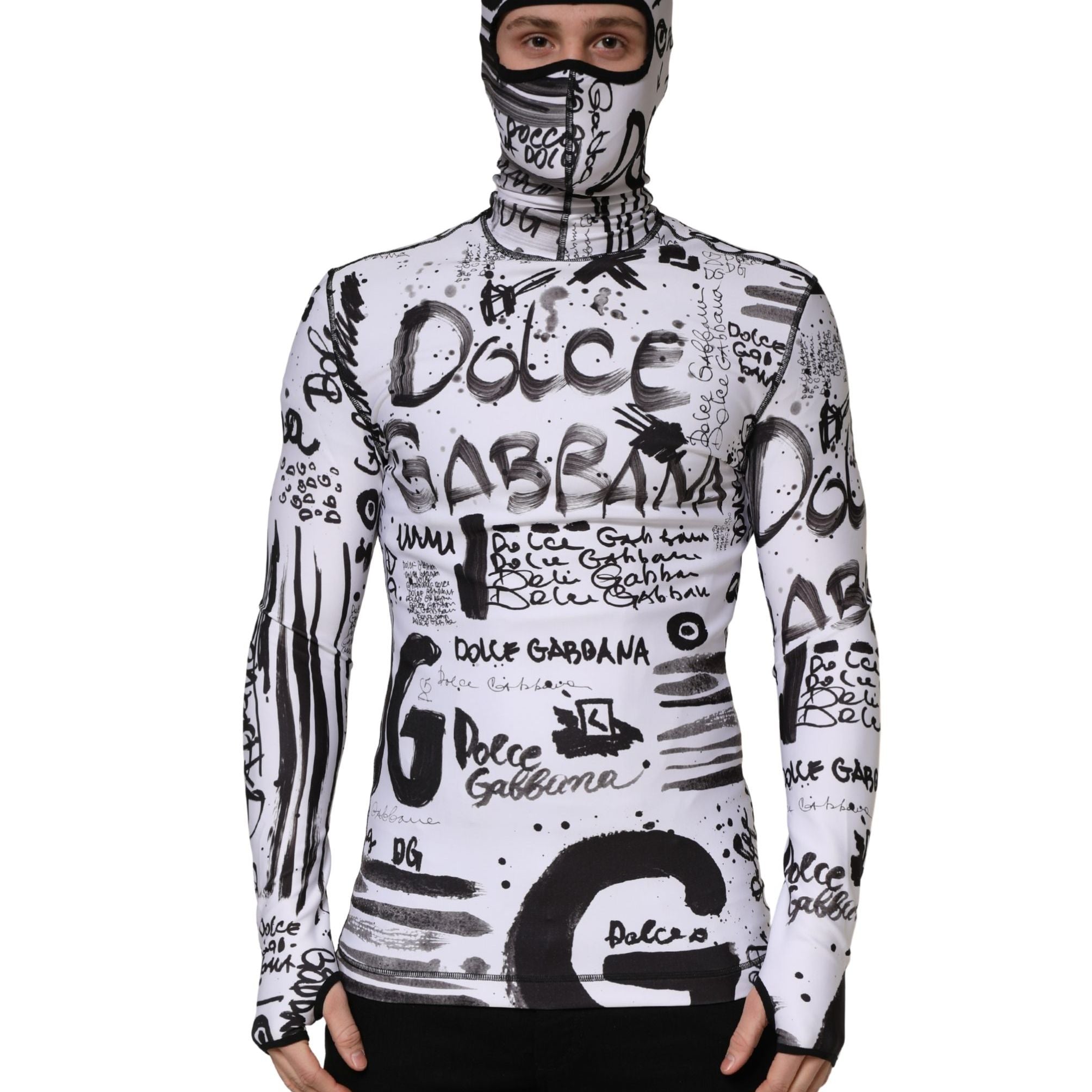 Dolce & Gabbana White Jersey Graffiti Print Balaclava Hood Sweater