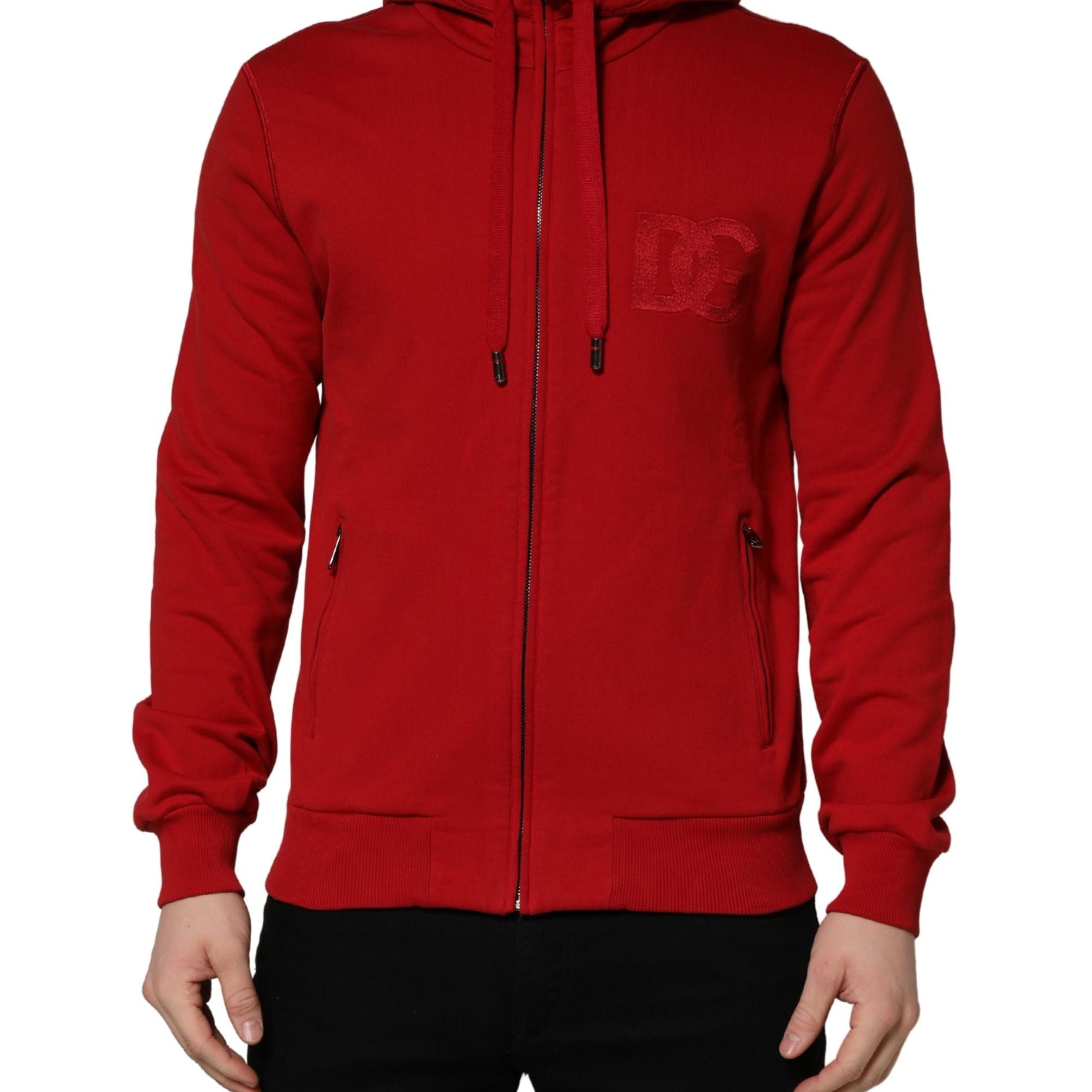 Dolce & Gabbana Red Embroidered Logo Hooded Full Zip Sweater