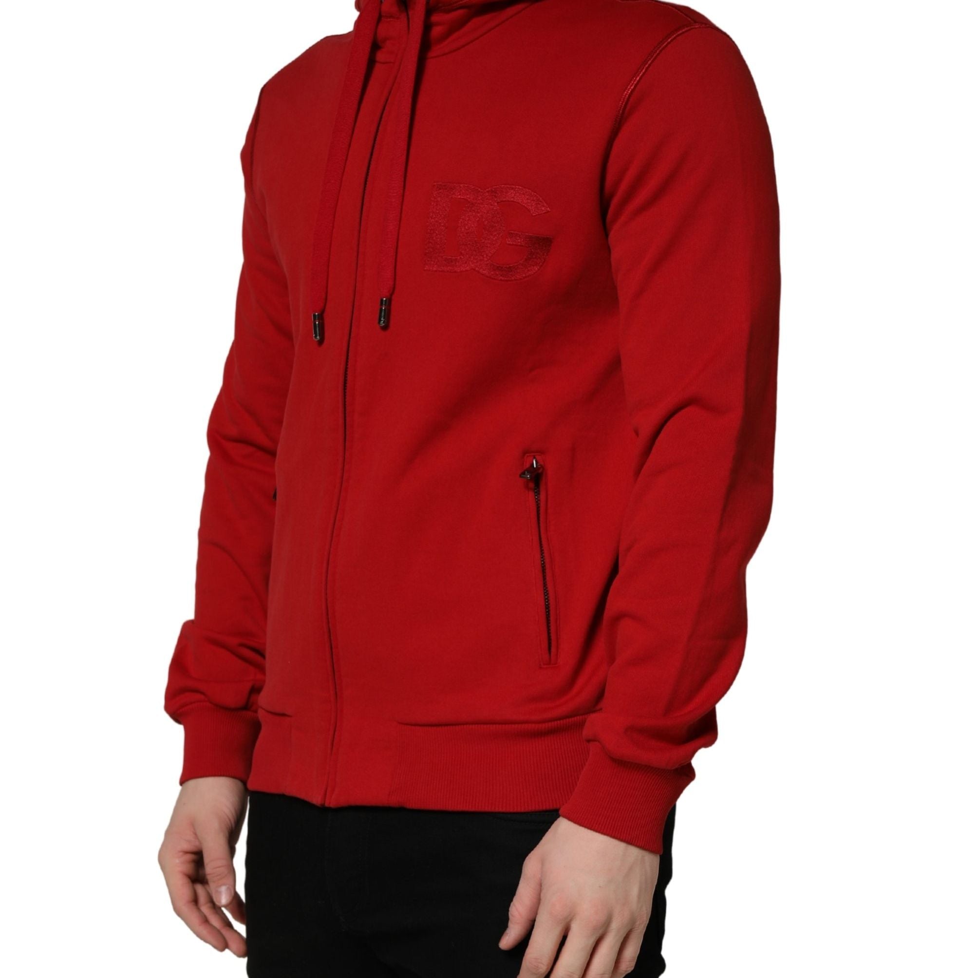 Dolce & Gabbana Red Embroidered Logo Hooded Full Zip Sweater