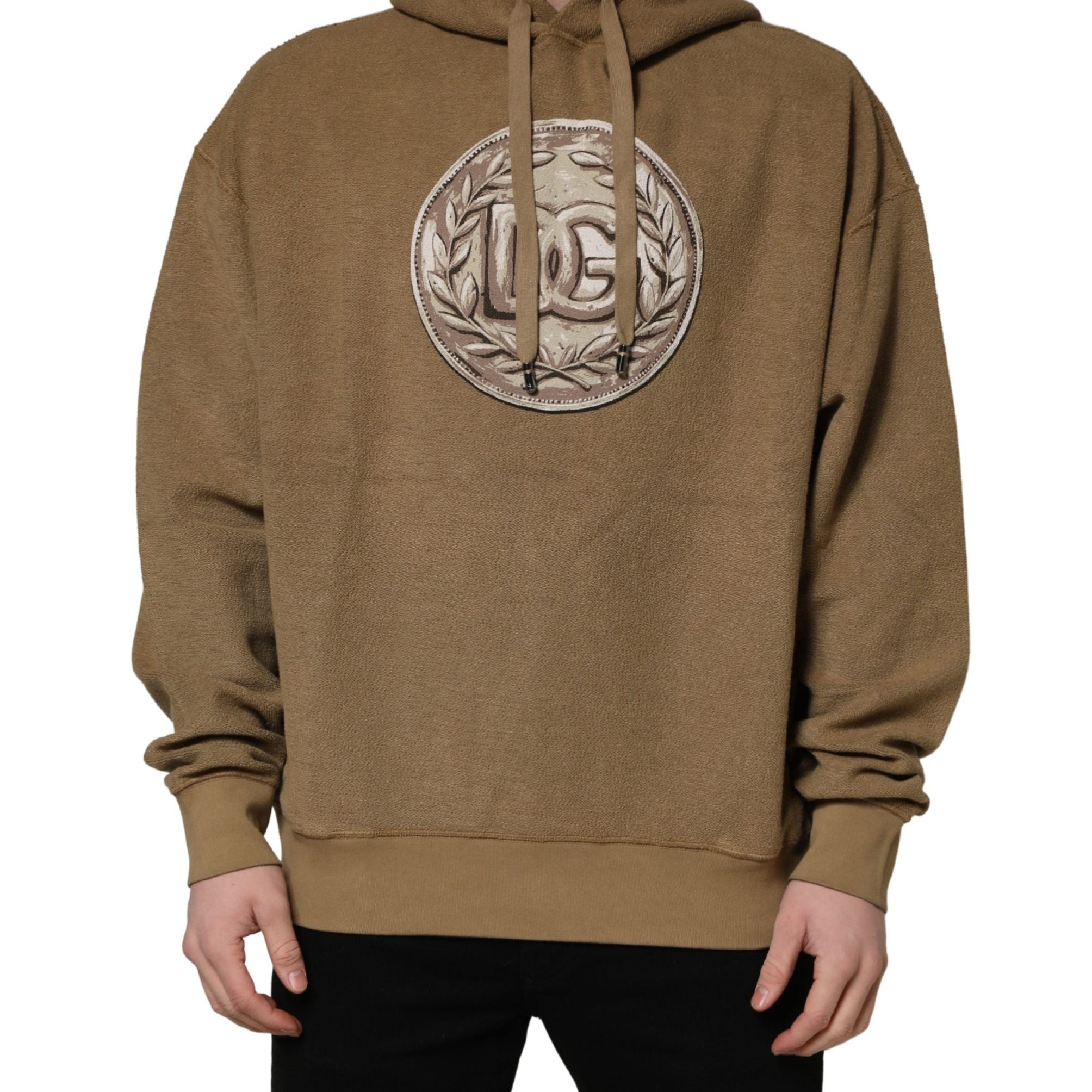 Dolce & Gabbana Brown Cotton Logo Coin Hooded Pullover Sweater