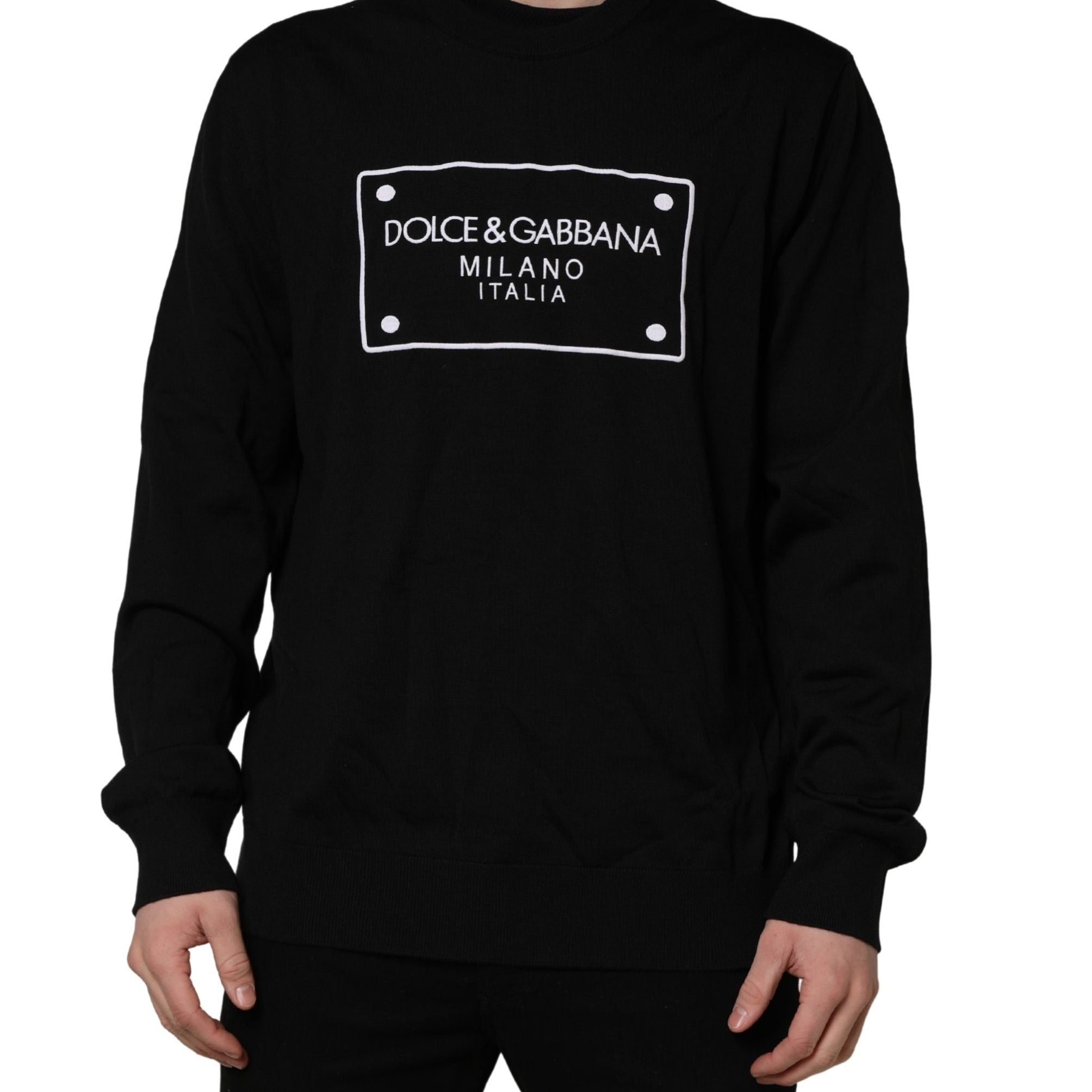 Dolce & Gabbana Black Graphic Logo Crew Neck Wool Pullover Sweater