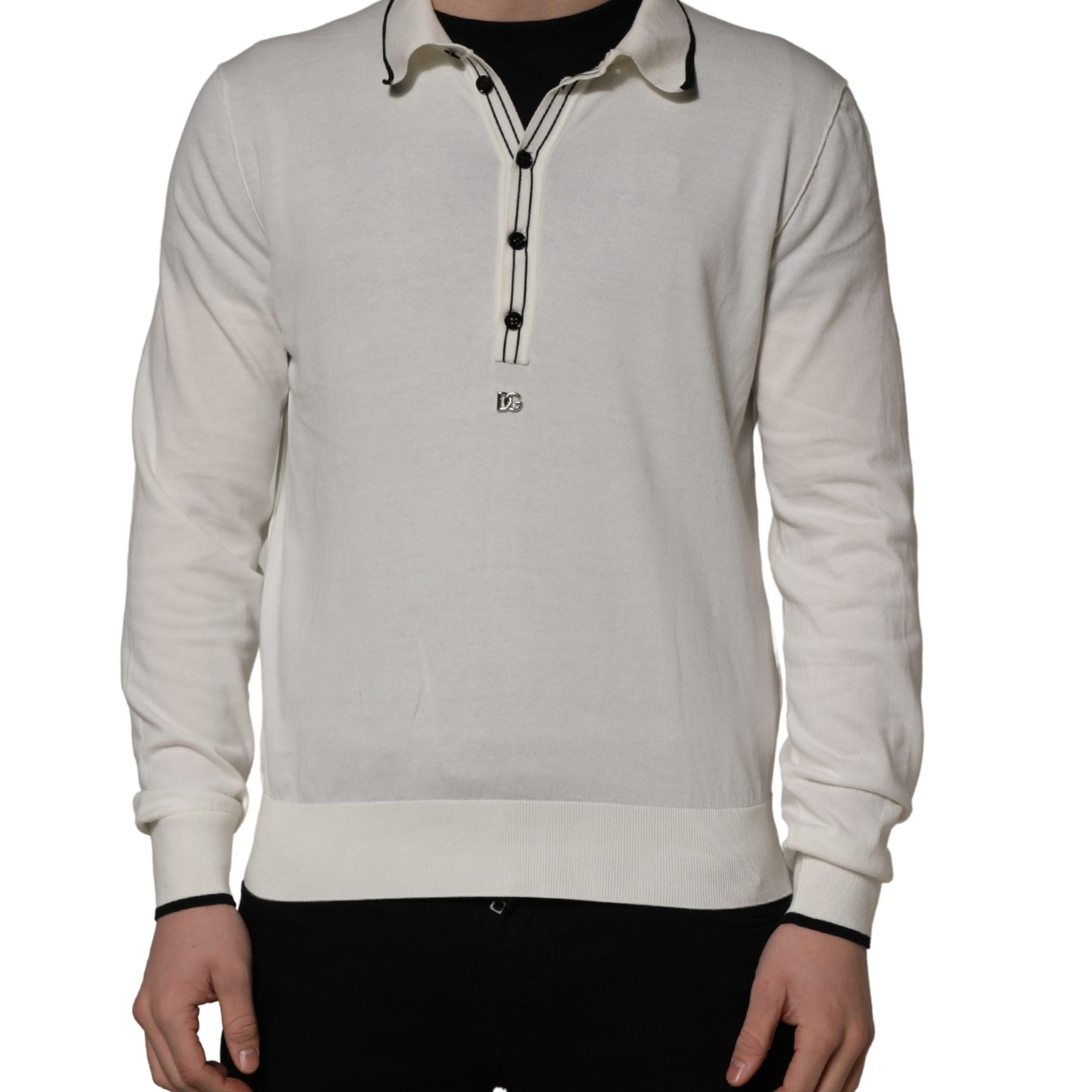Dolce & Gabbana White Cotton Blend Men Polo Pullover Sweater