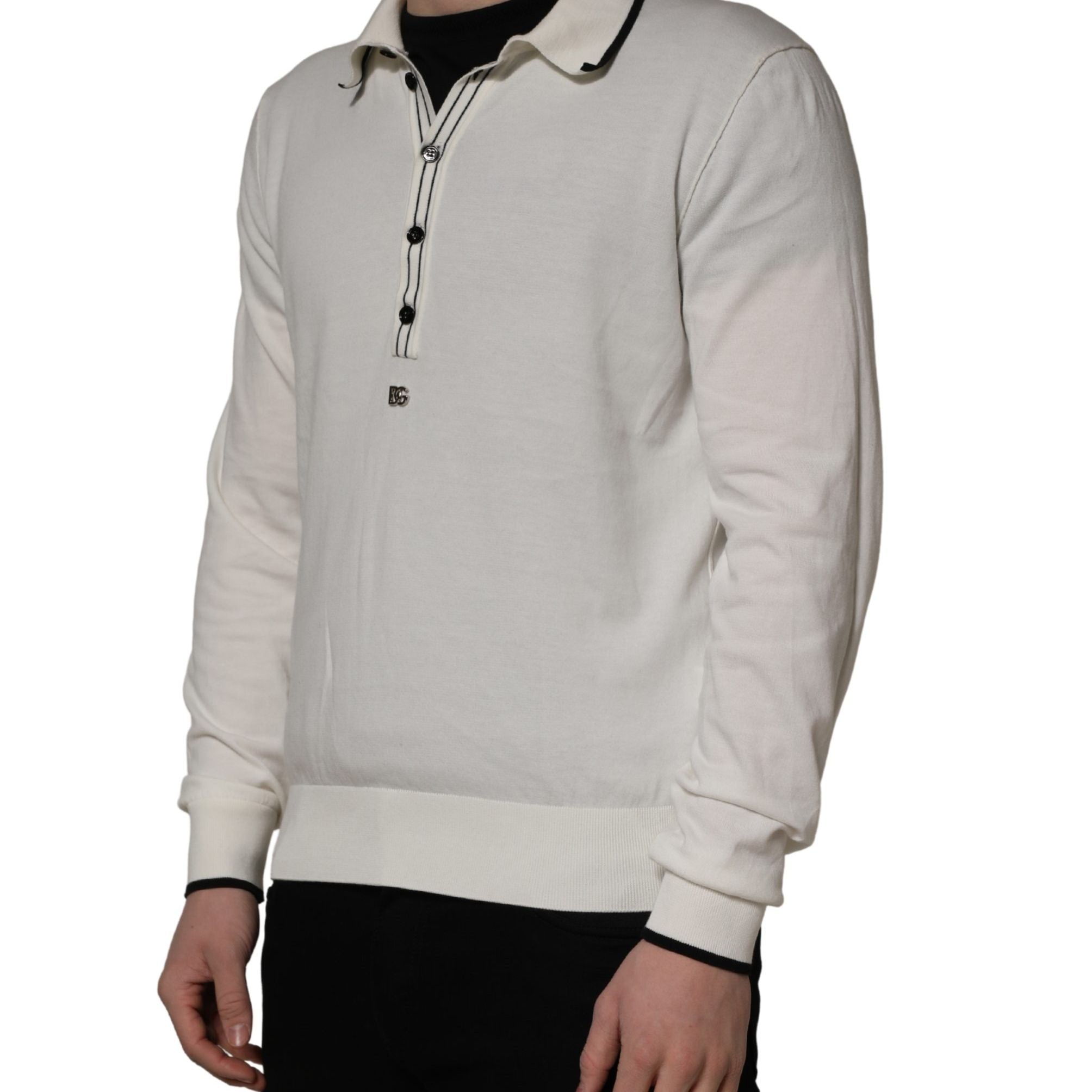 Dolce & Gabbana White Cotton Blend Men Polo Pullover Sweater